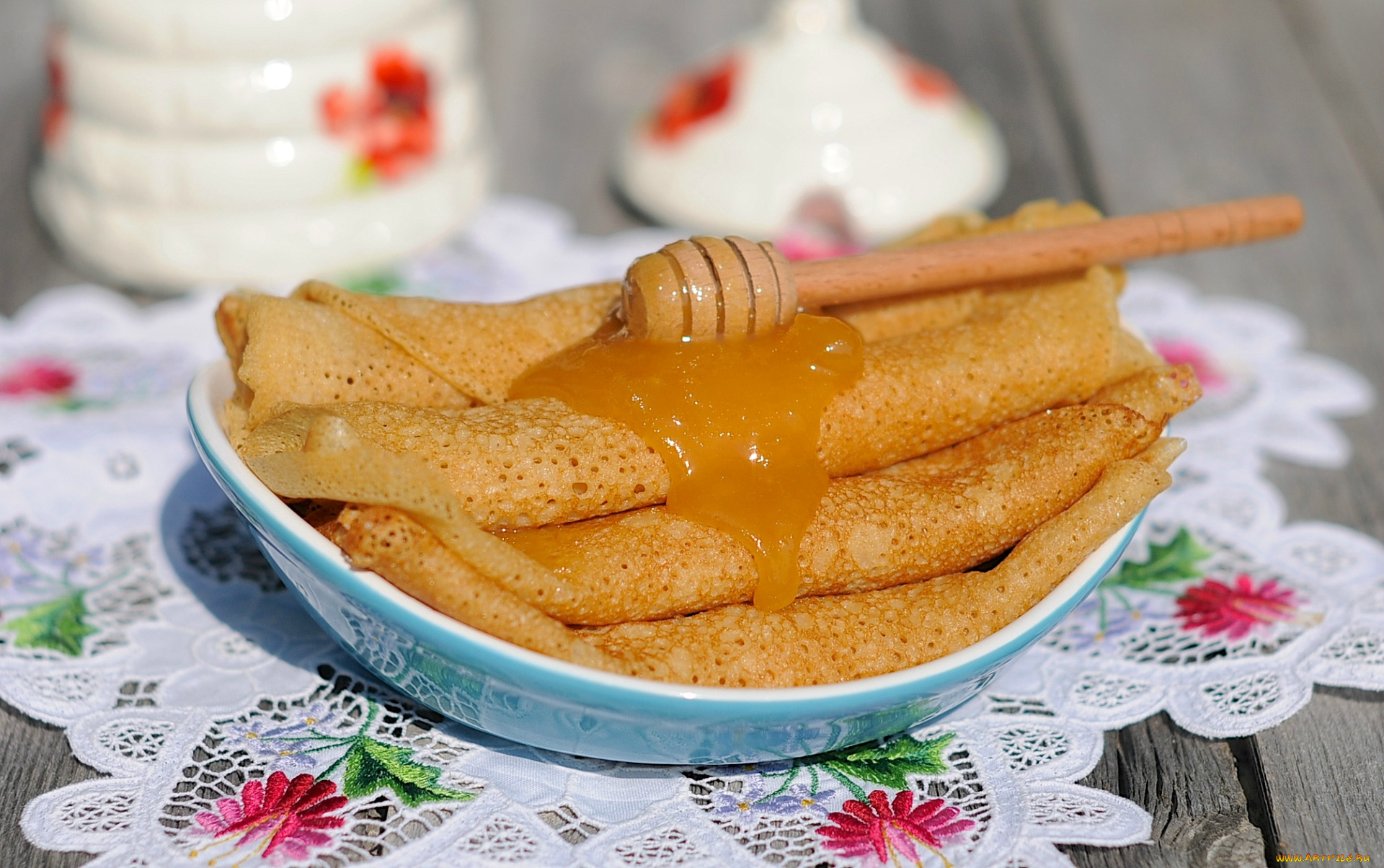еда, блины, оладьи, мед