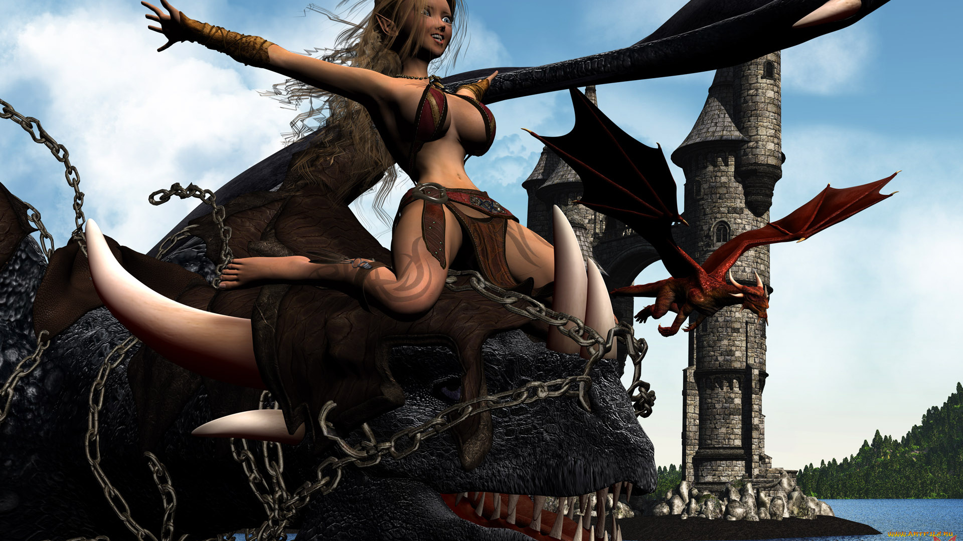 3д, графика, эльфы, , elves, эльфийка, дракон, полет, взгляд