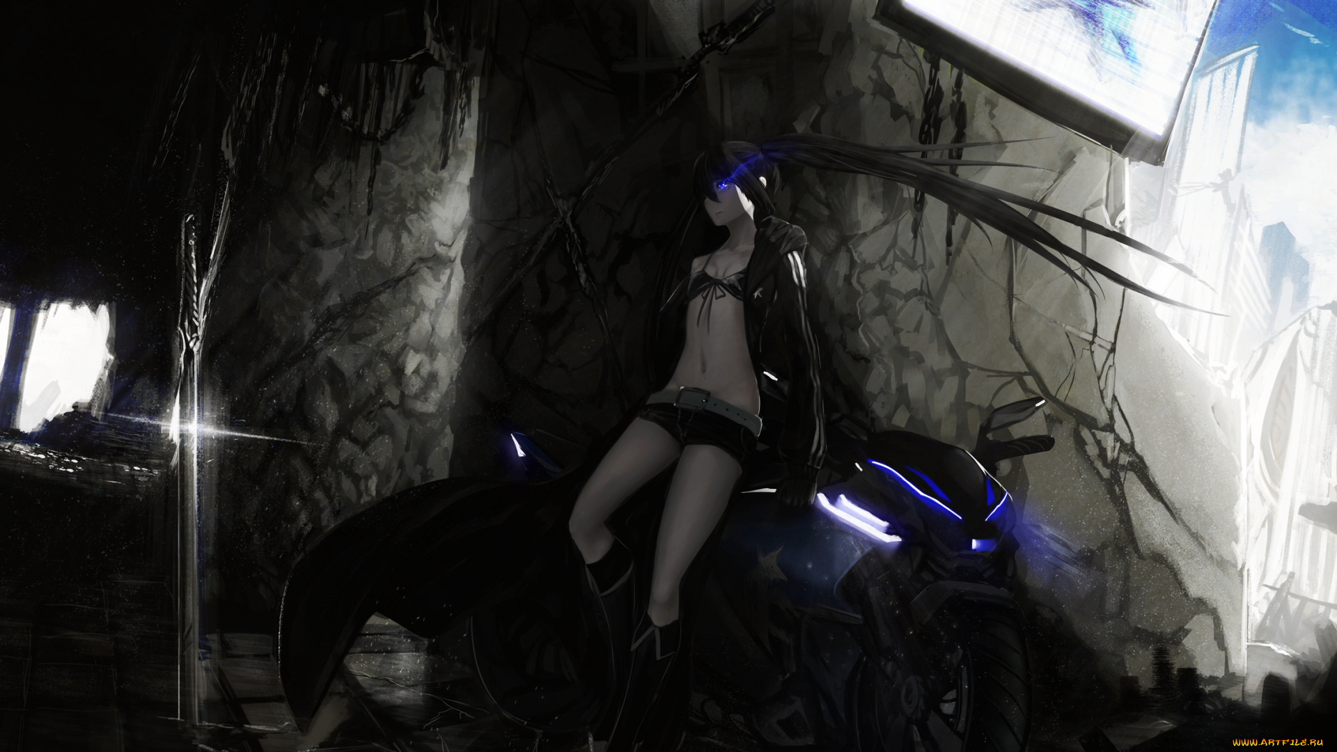 by, ex-trident, аниме, black, rock, shooter, мотоцикл, меч, небо, облака, девушка, город, руины, здания, плащ