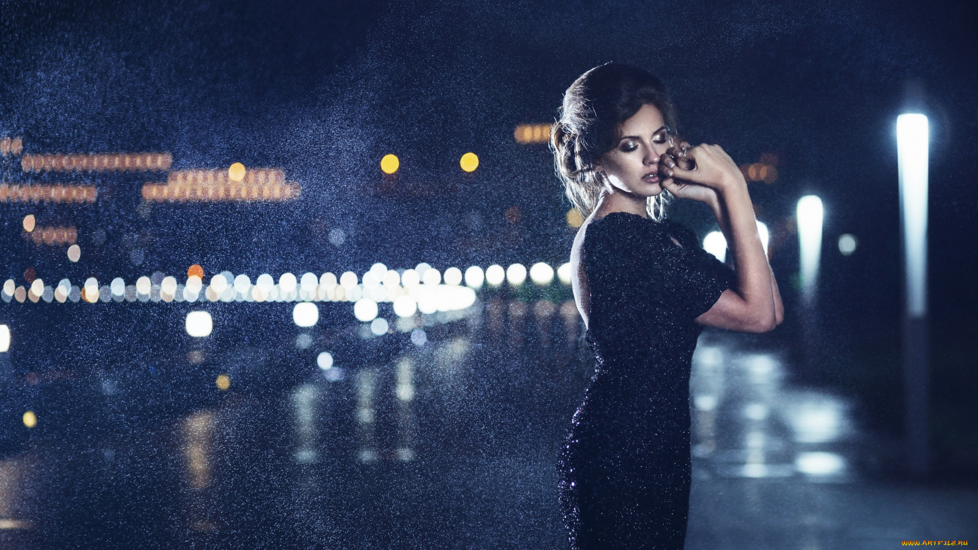 девушки, -unsort, , брюнетки, , шатенки, дождь, шатенка, город, девушка, ночные, огни