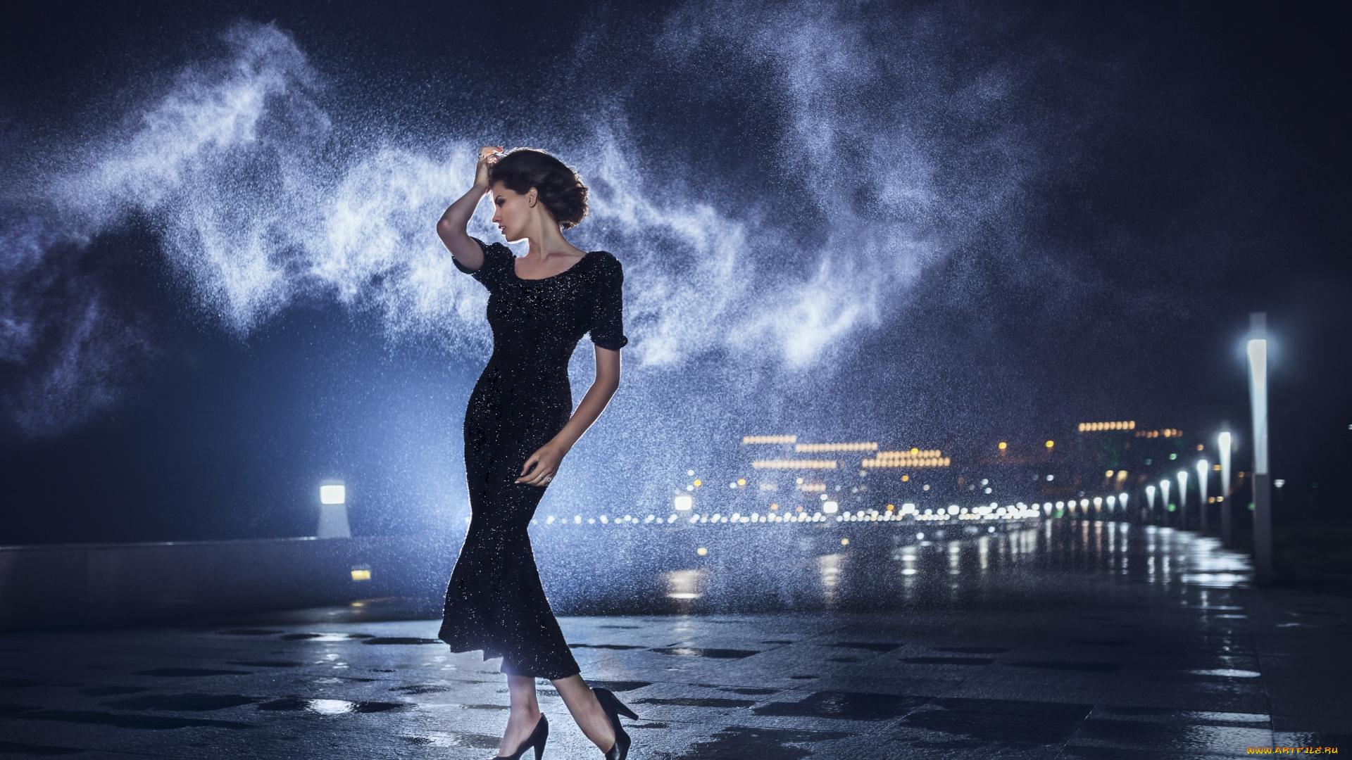 девушки, -unsort, , брюнетки, , шатенки, дождь, девушка, шатенка, город, ночные, огни