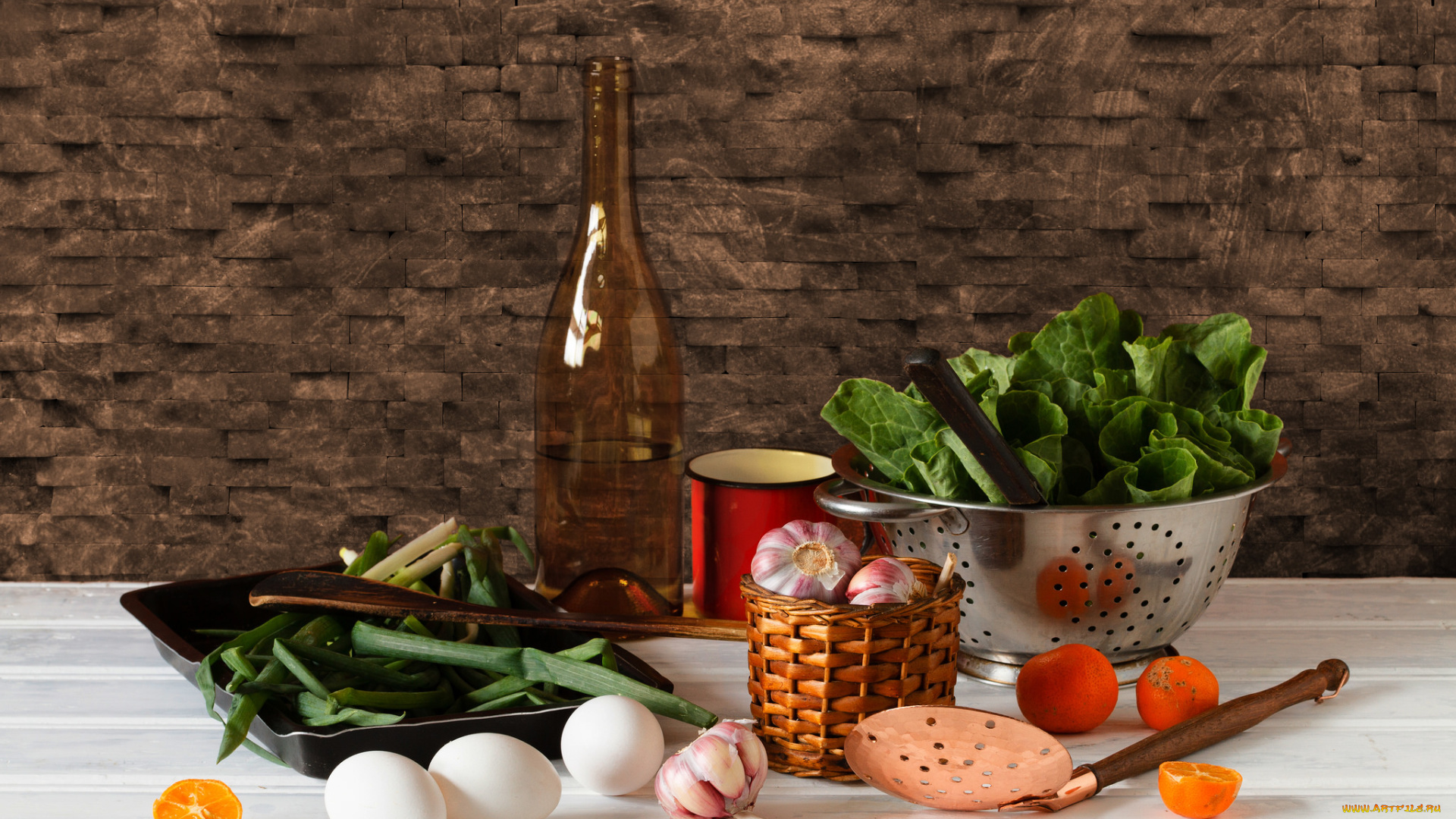 еда, натюрморт, чеснок, лук, салат, зелень, яйца