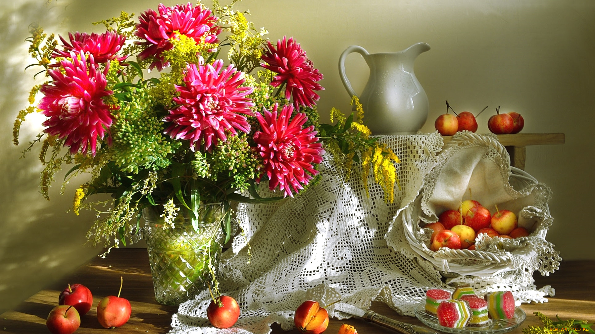 еда, натюрморт, георгины, мармелад, яблоки
