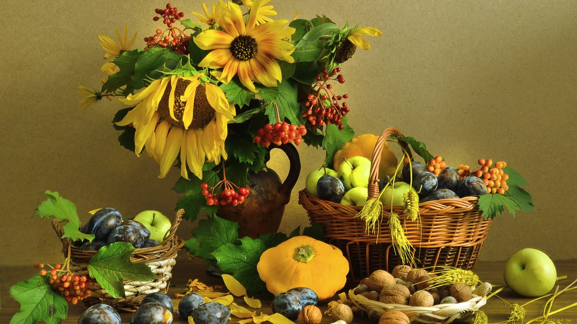 еда, натюрморт, калина, яблоки, орехи, сливы, патиссон, подсолнух