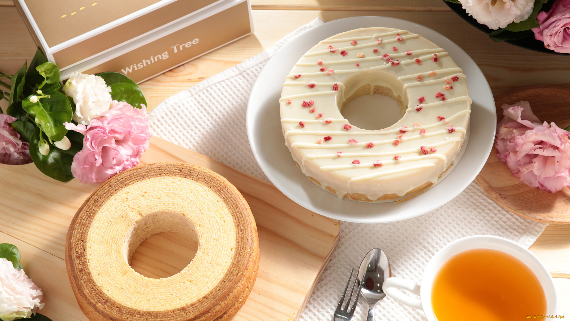 еда, пироги, чай, цветы, ложка, коробочка