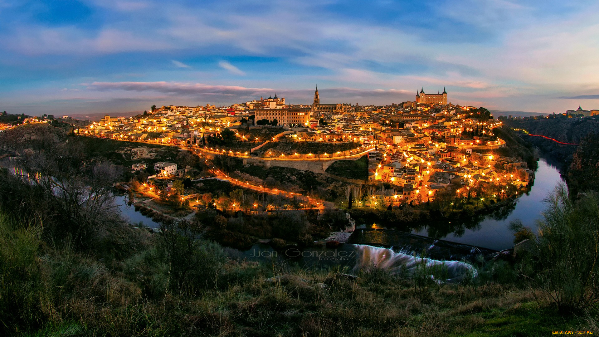 города, толедо, , испания, река, тахо, толедо, город, огни, вечер