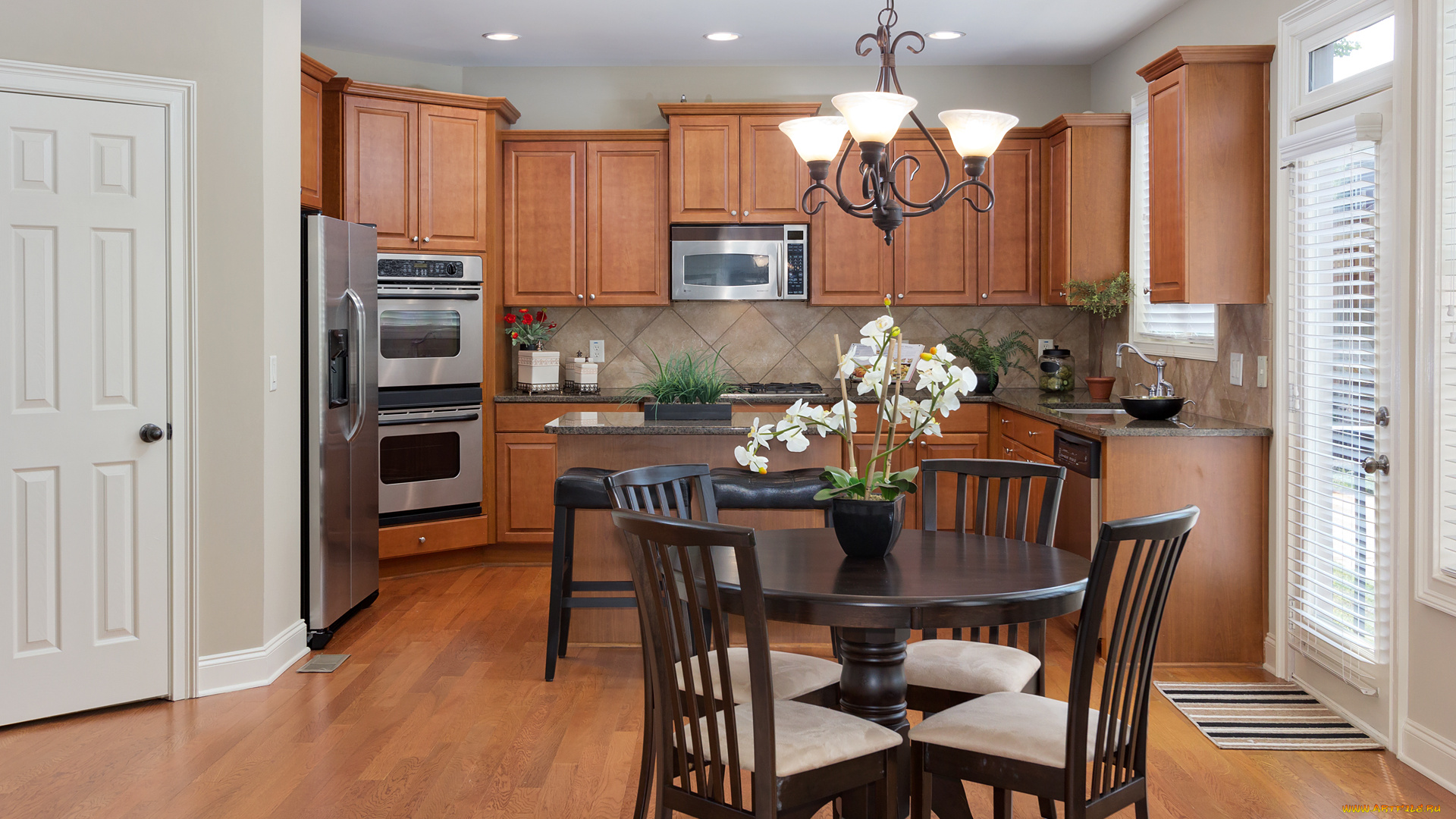 интерьер, кухня, стол, цветок, орхидея, стиль, дизайн