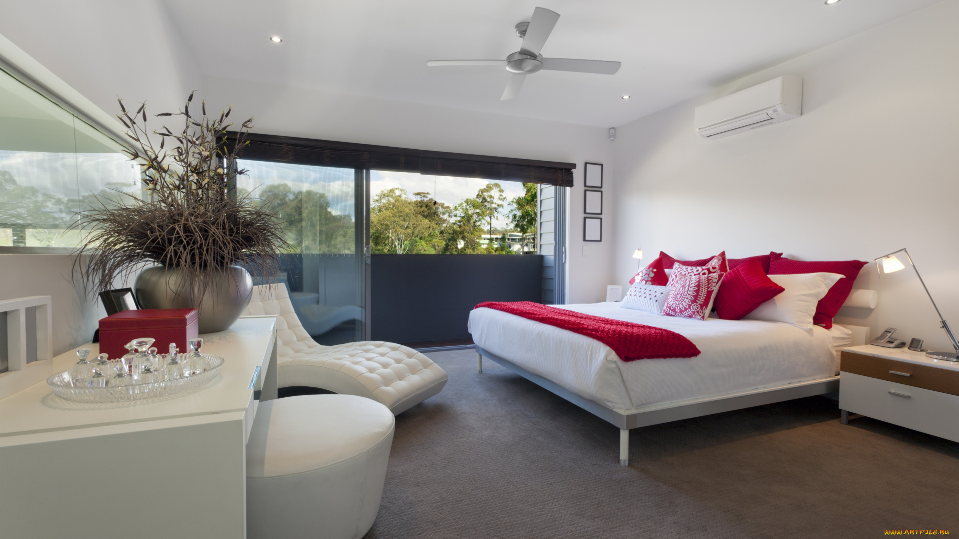 интерьер, спальня, стиль, дизайн, подушки, цветы