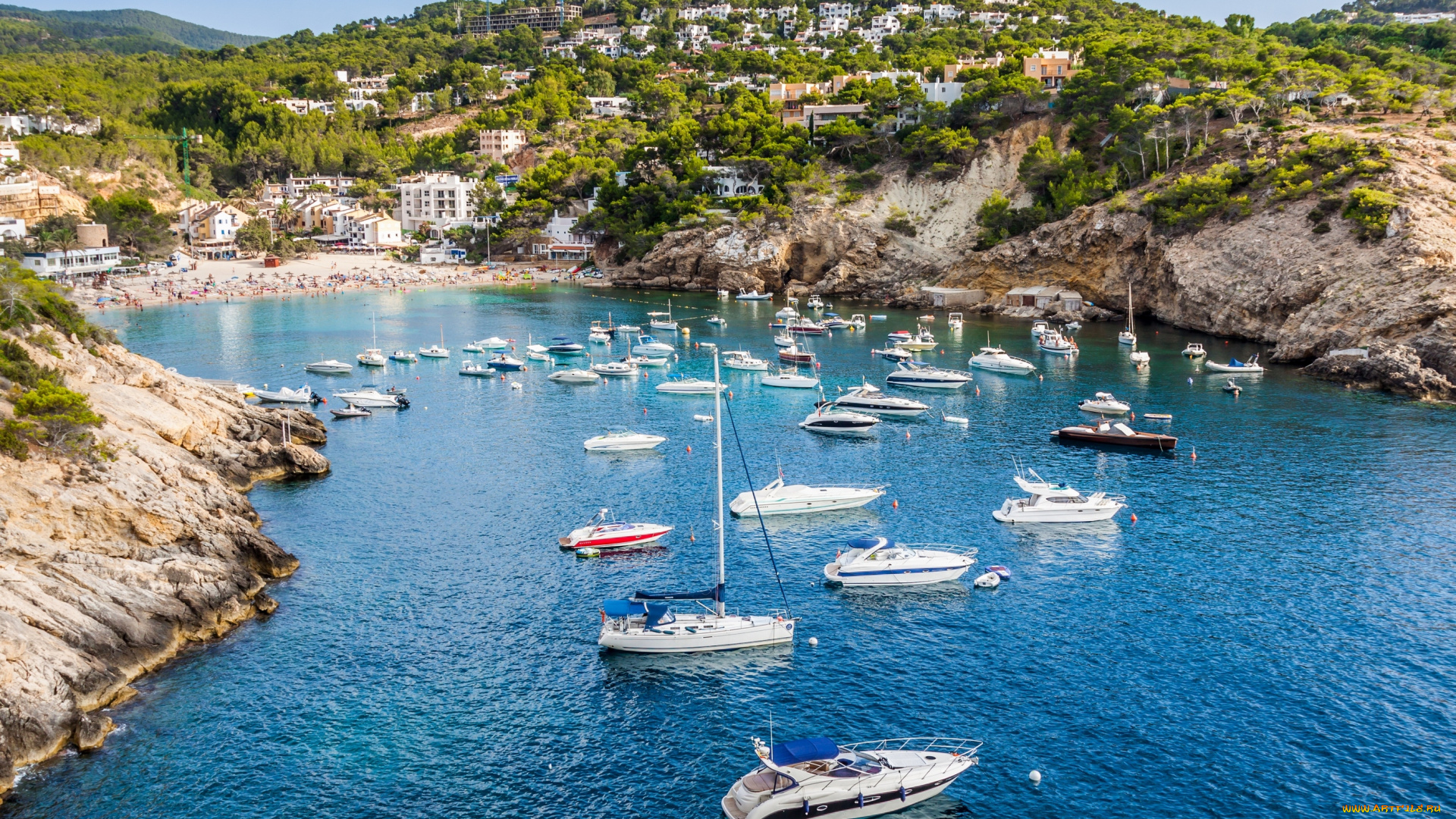корабли, Яхты, скалы, деревья, кустарники, море, яхты, дома, rocks, trees, bushes, sea