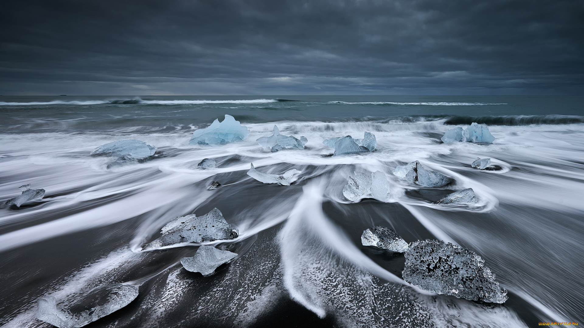 природа, айсберги, и, ледники, исландия, ледниковая, лагуна, Ёкюльсаурлоун, лёд, океан, пляж, озеро