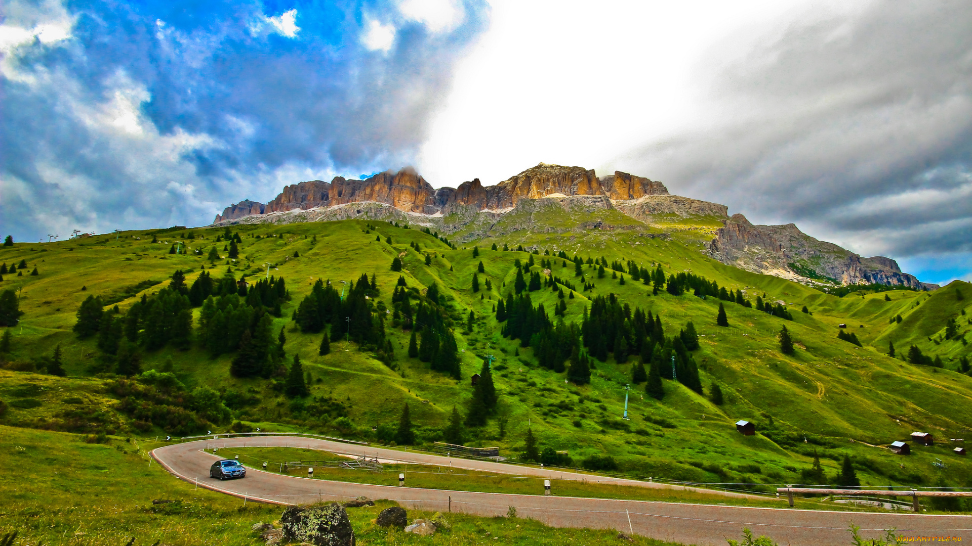 природа, дороги, зелень, горы, пейзаж, небо, облака