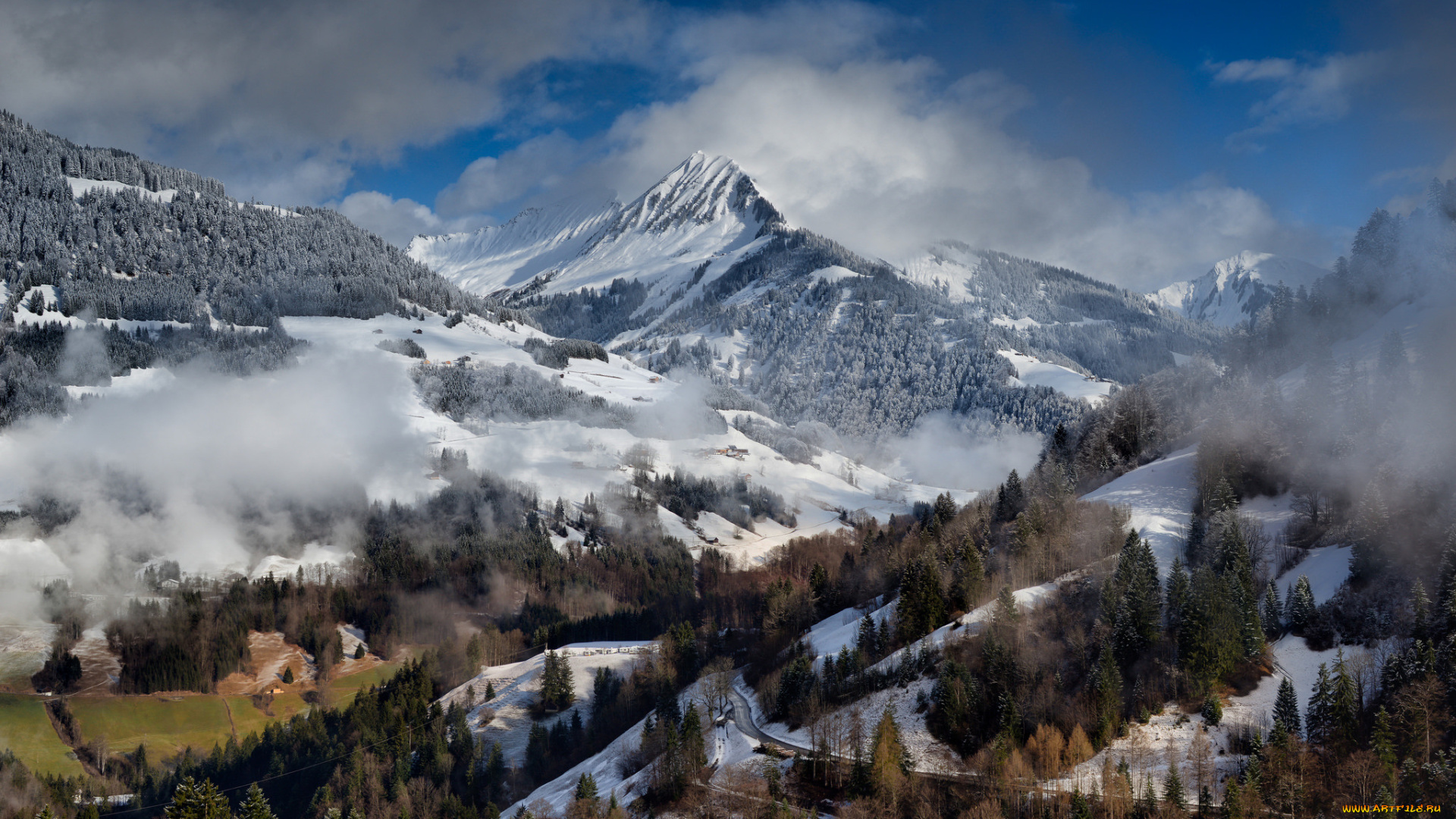 природа, горы, туман, облака, леса, зима, альпы