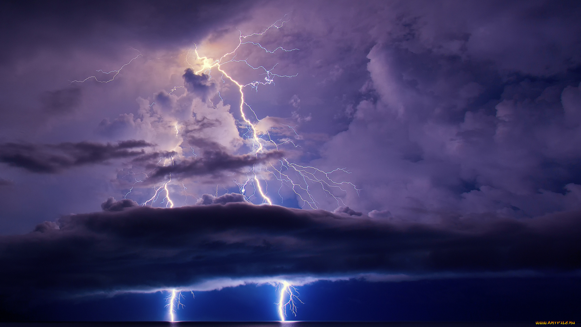 природа, молния, , гроза, океан, море, молнии, тучи, небо, ночь