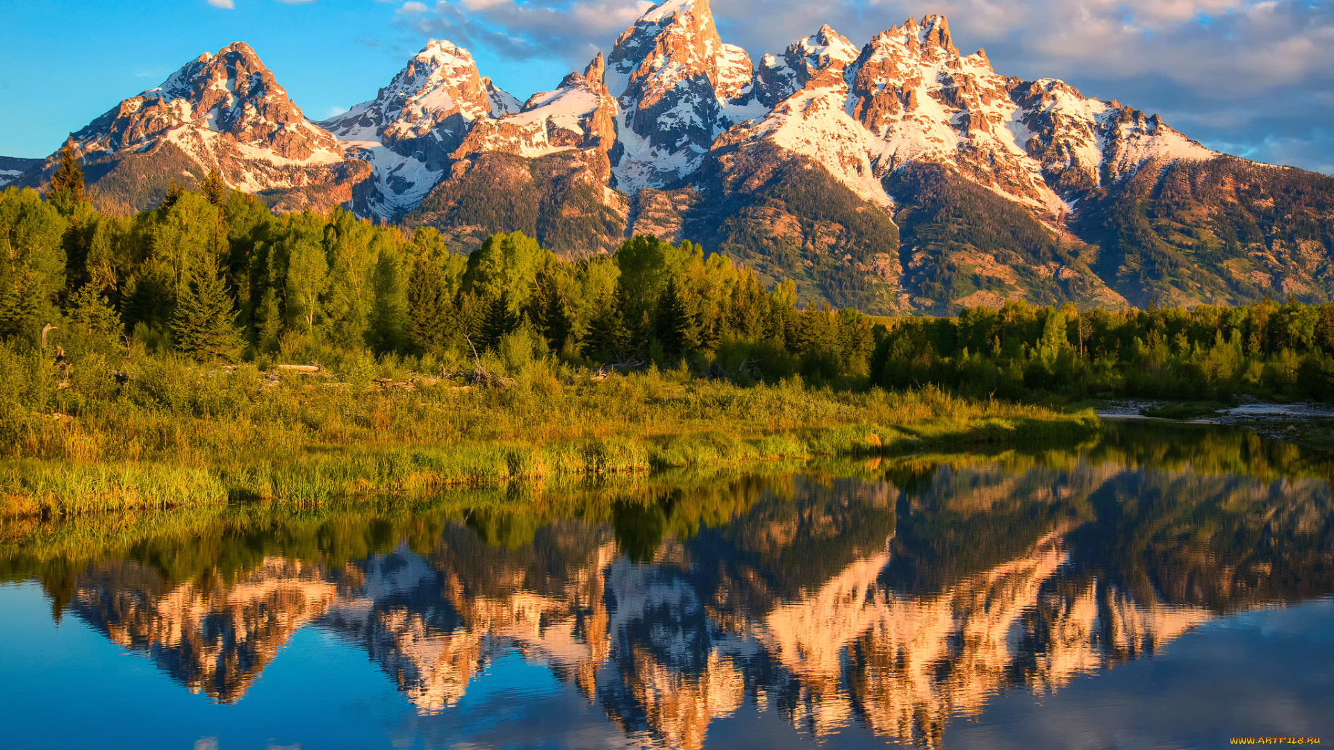 природа, пейзажи, лето, вода, облака, лес, отражения, небо, горы, schwabachers, landing, штат, вайоминг, национальный, парк, гранд-титон, сша