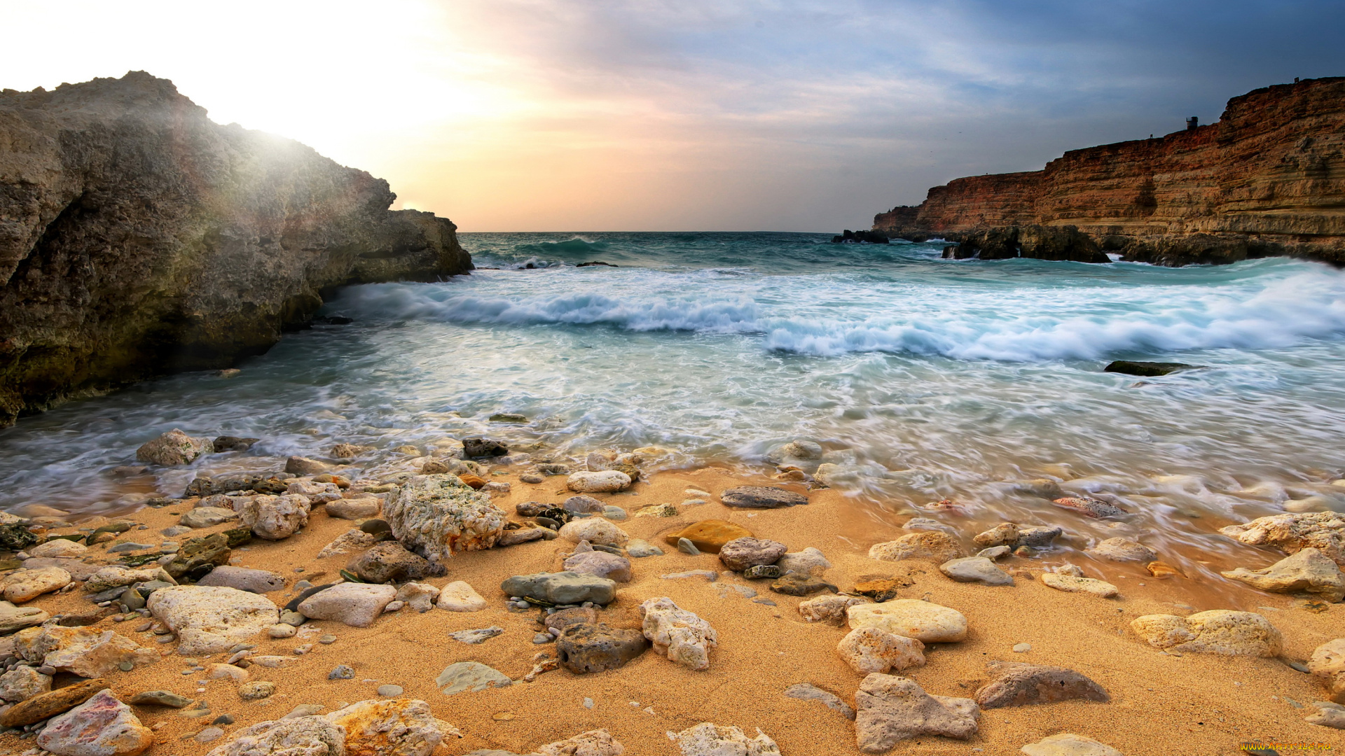 природа, побережье, небо, песок, море, камни, закат