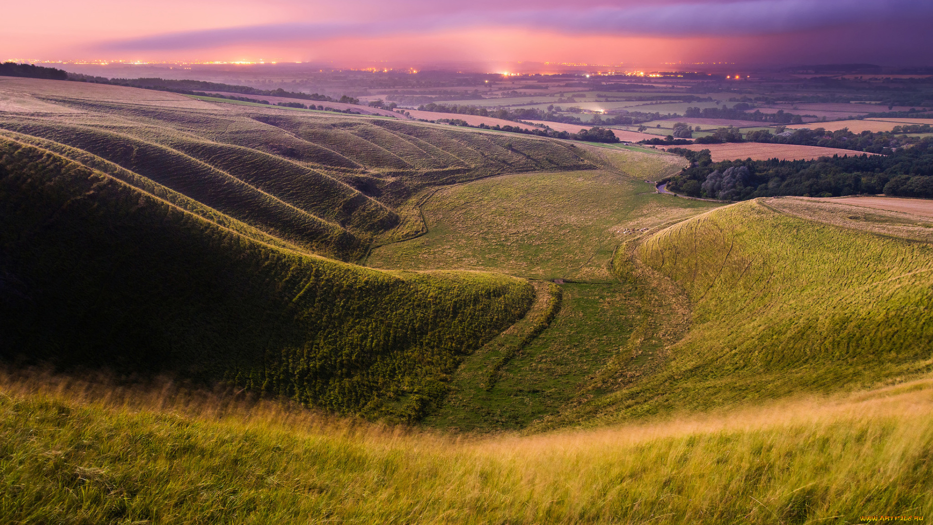 природа, поля, август, великобритания, англия, лето, огни, вечер, небо, долина