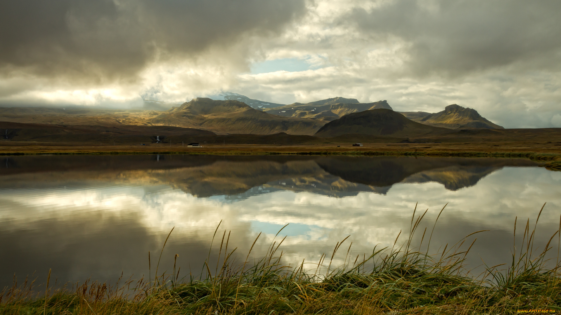 природа, реки, озера, горы, исландия, отражение, тучи, озеро