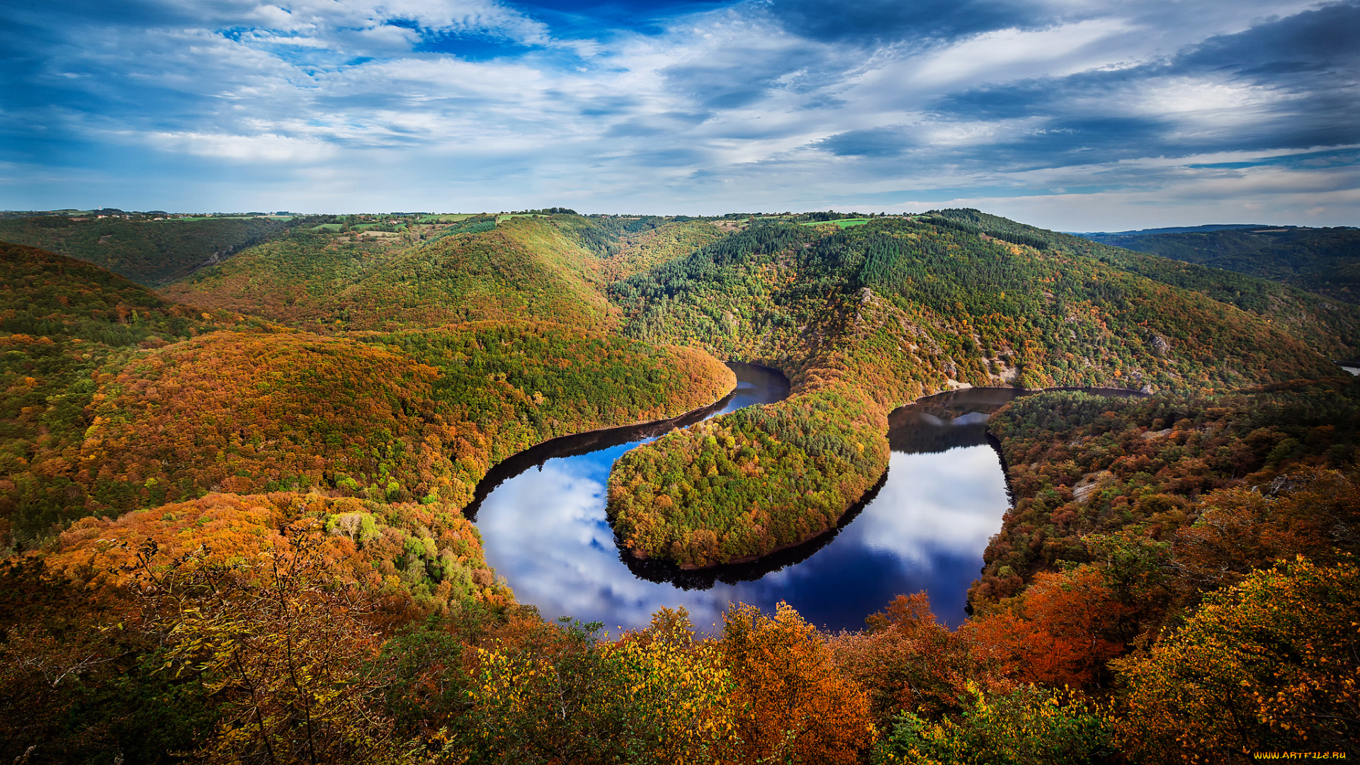 природа, реки, озера, холмы, деревья, небо, река, осень