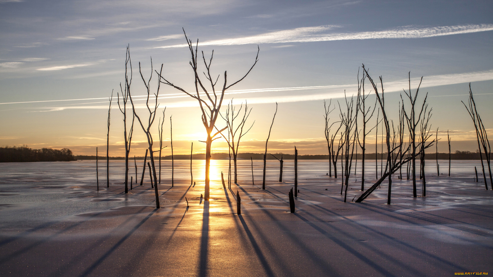 природа, восходы, закаты, деревья, лёд, снег, озеро, солнце, зима
