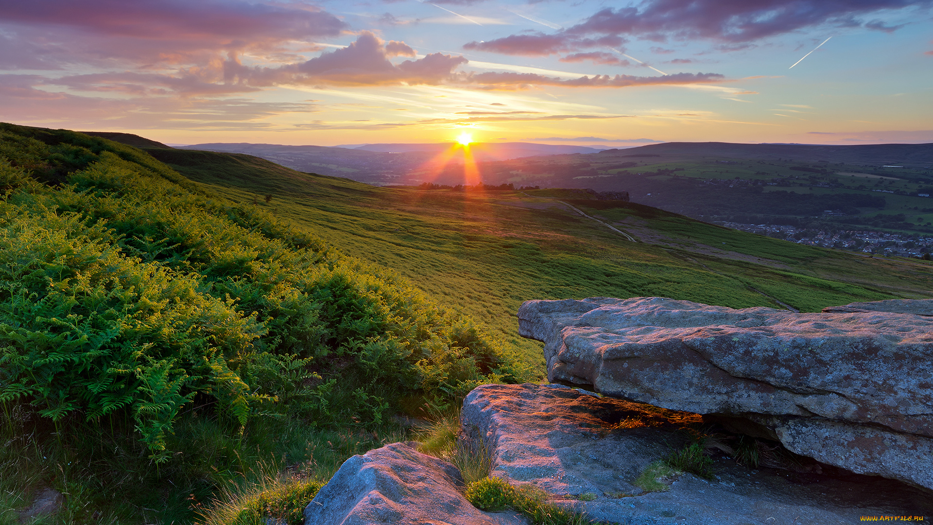 природа, восходы, закаты, камни, облака, небо, солнце, закат, йоркшир, долина, поля, кусты, англия