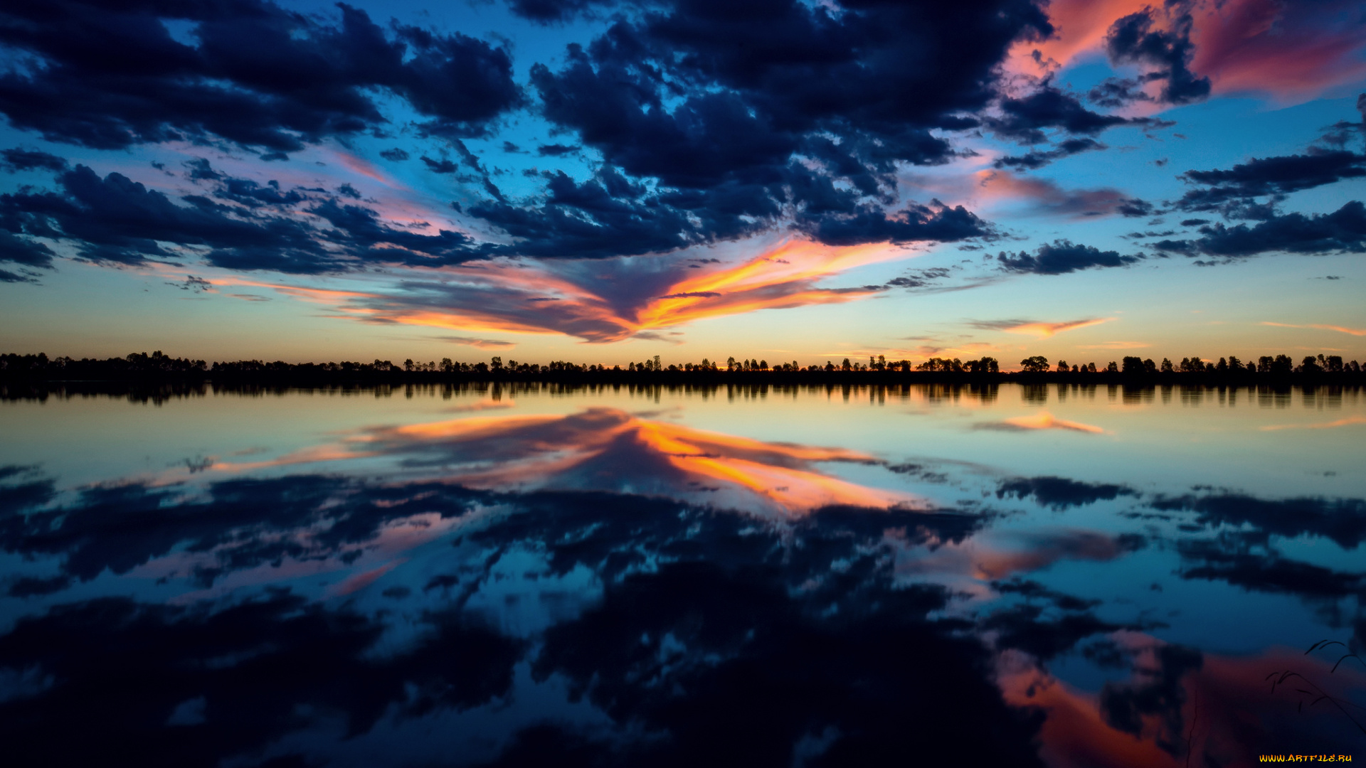 природа, восходы, закаты, облака, небо, отражения, вечер, озеро