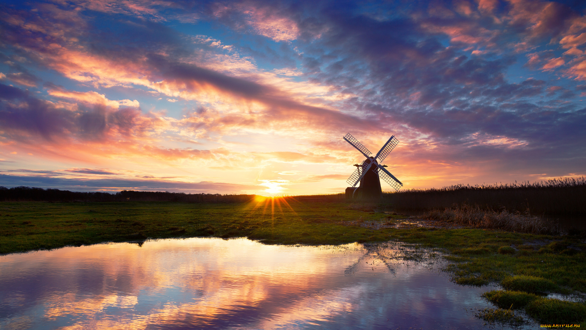 разное, мельницы, озеро, мельница, отражения, солнце, закат, вечер, небо, вода