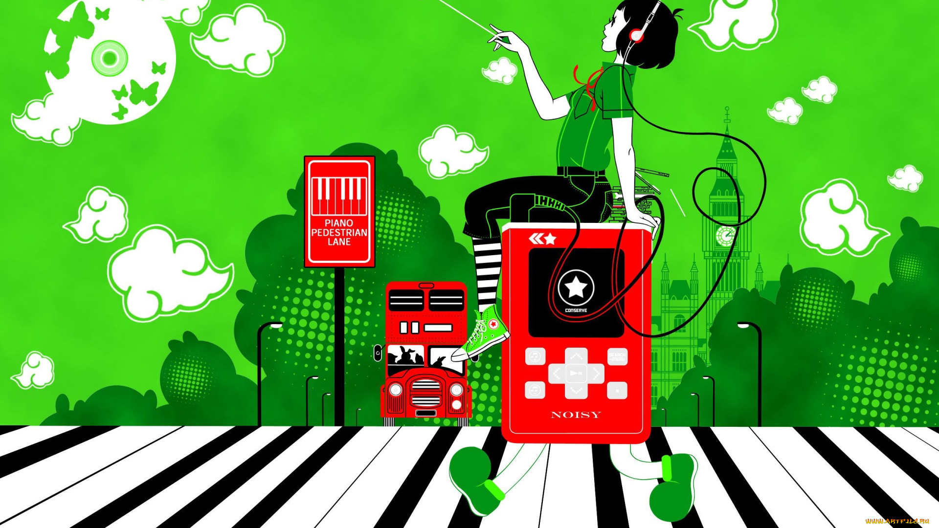 векторная, графика, девушки, облака, девушка, бабочки