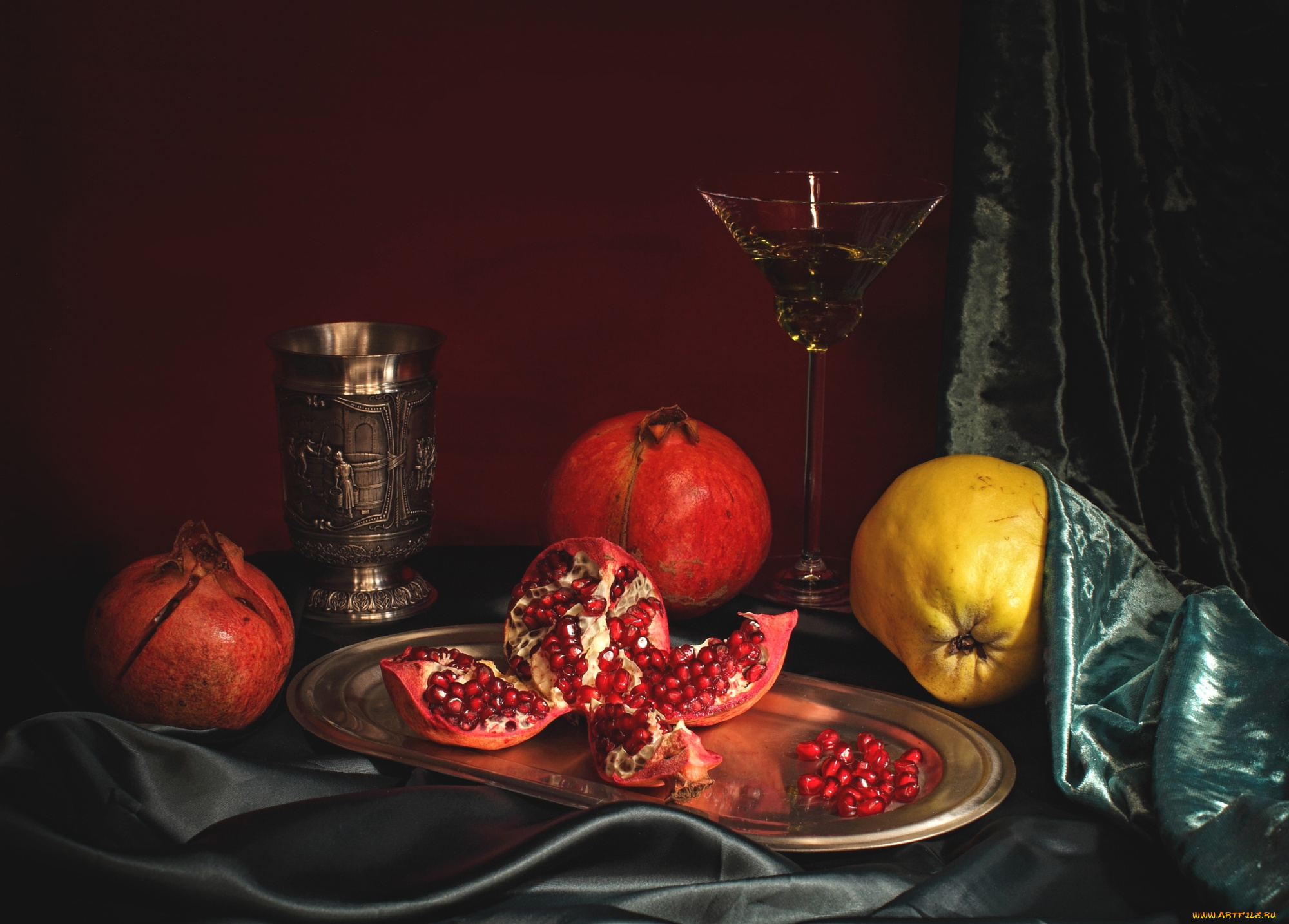 еда, натюрморт, гранат, айва, яблоко