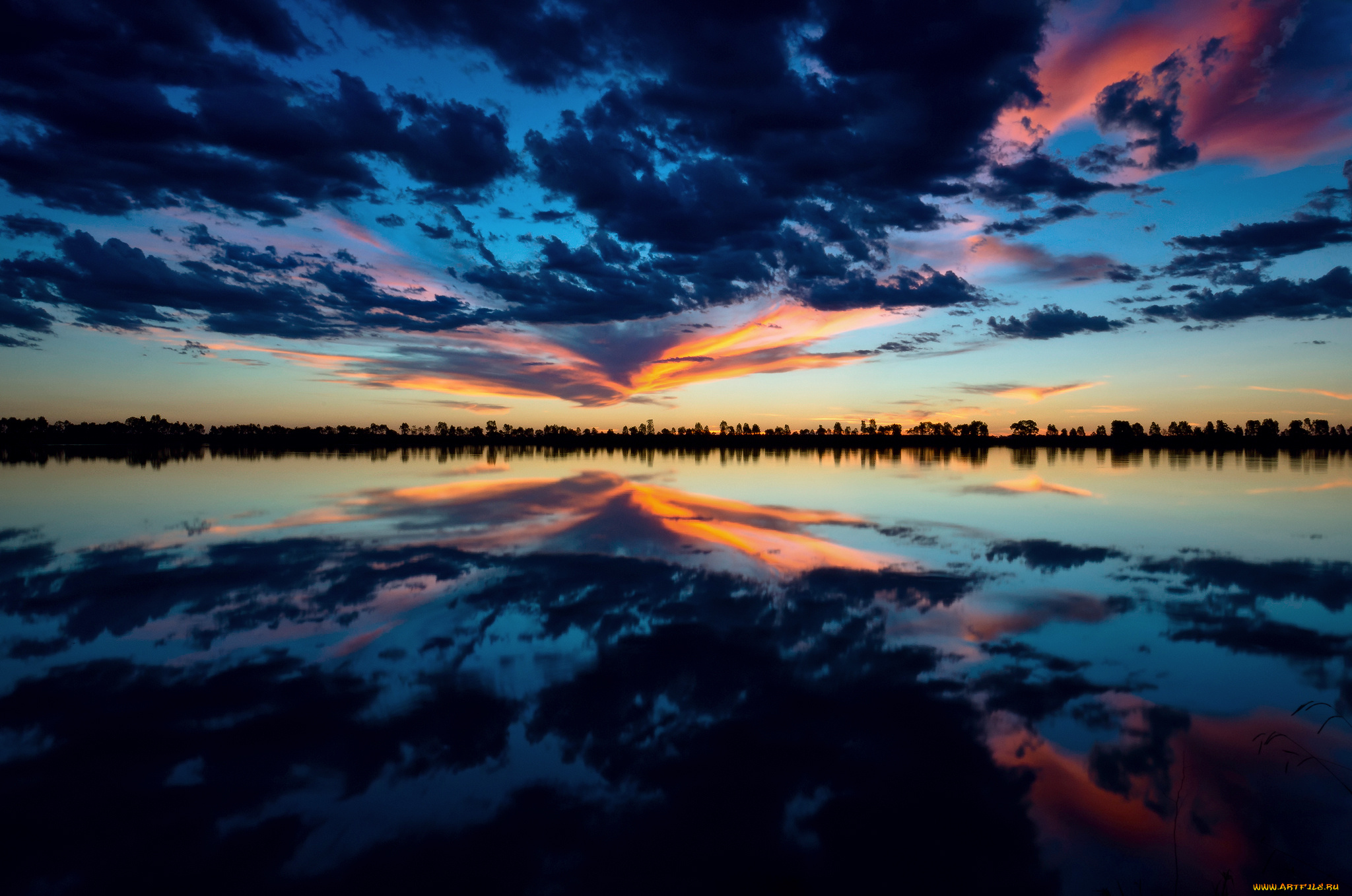 природа, восходы, закаты, облака, небо, отражения, вечер, озеро