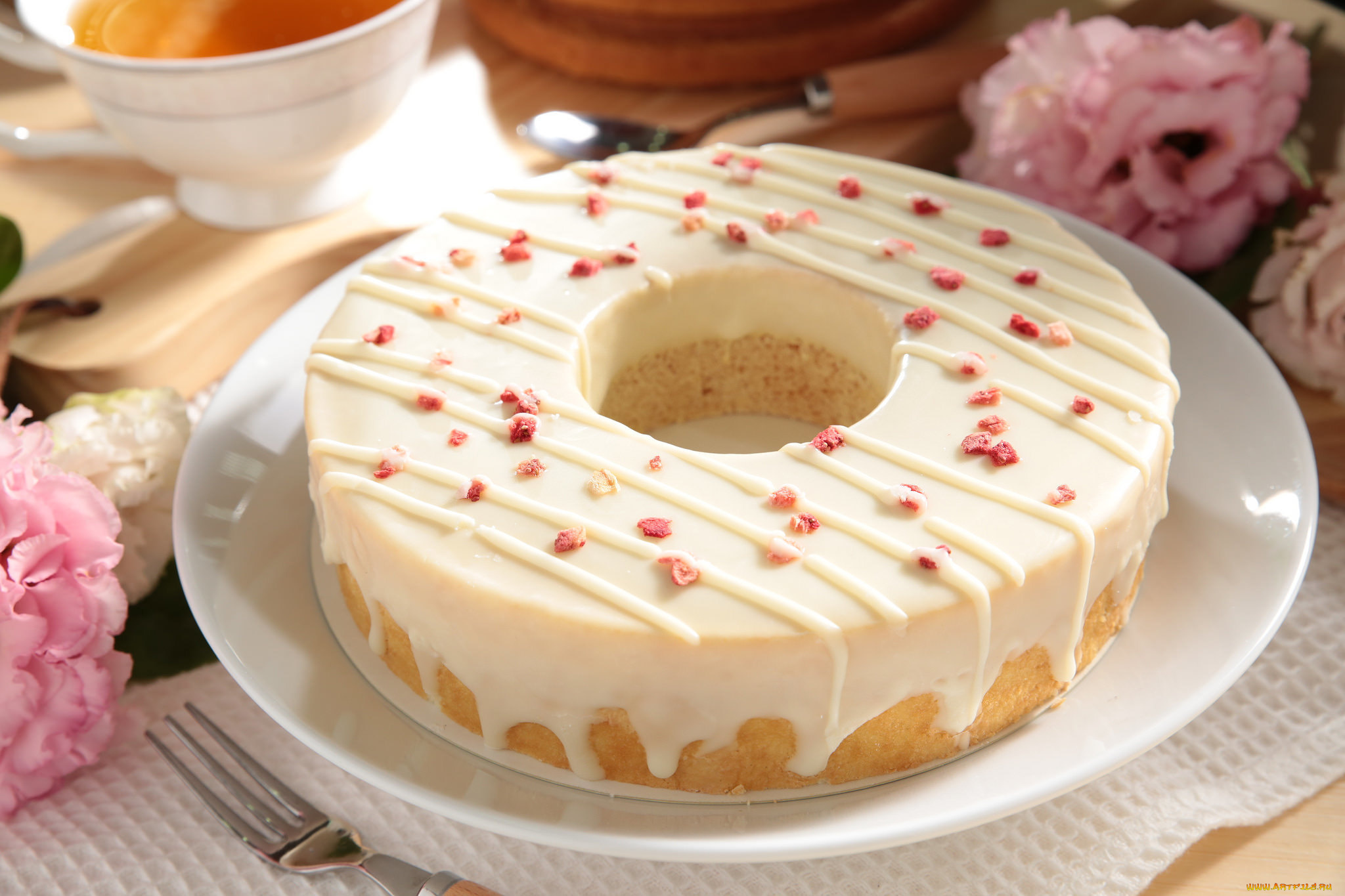 еда, пироги, цветы, вилка, чай, пирог