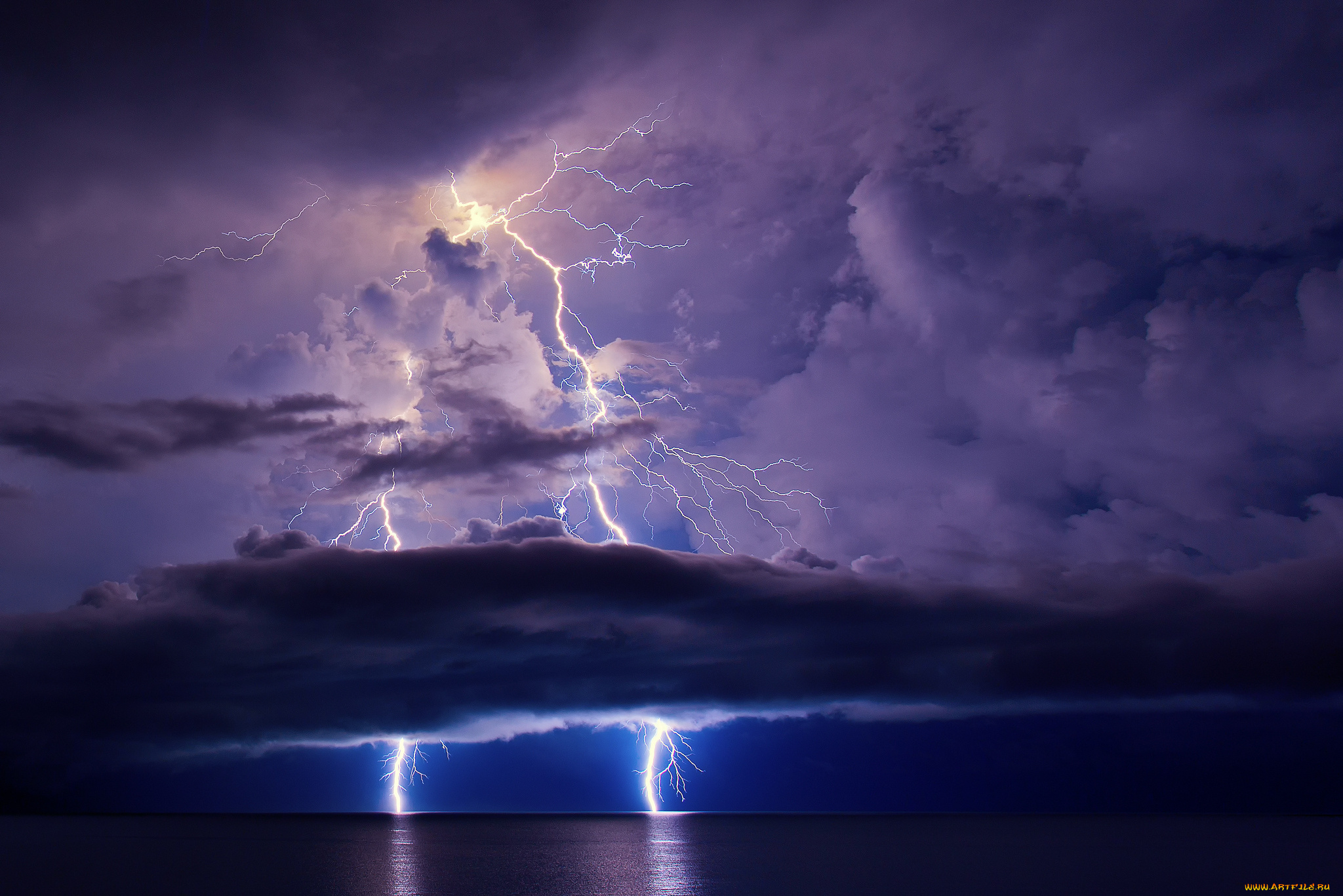 природа, молния, , гроза, океан, море, молнии, тучи, небо, ночь
