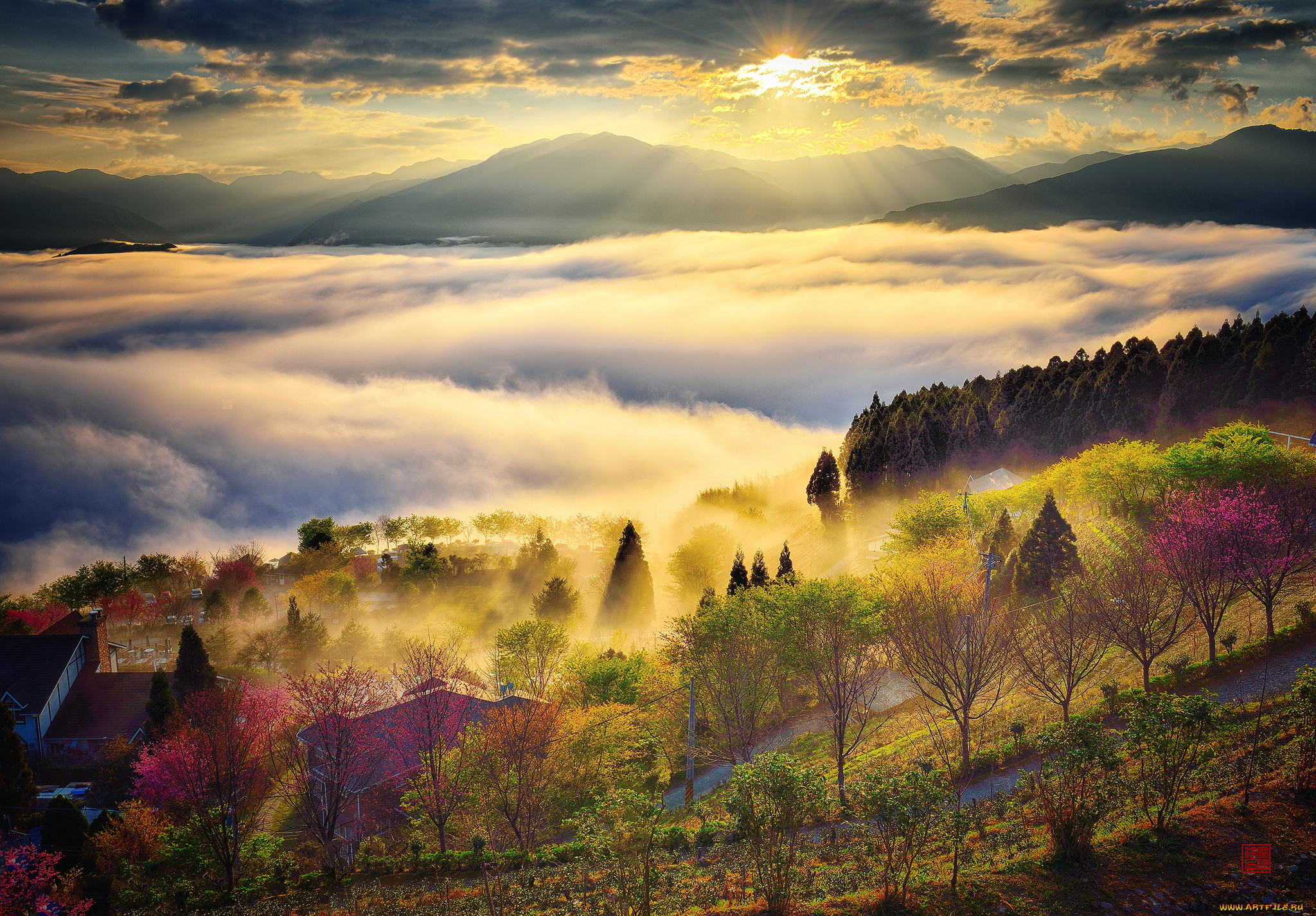 природа, восходы, закаты, лучи, солнце, небо, туман, тайвань, холмы, облака, свет, горы