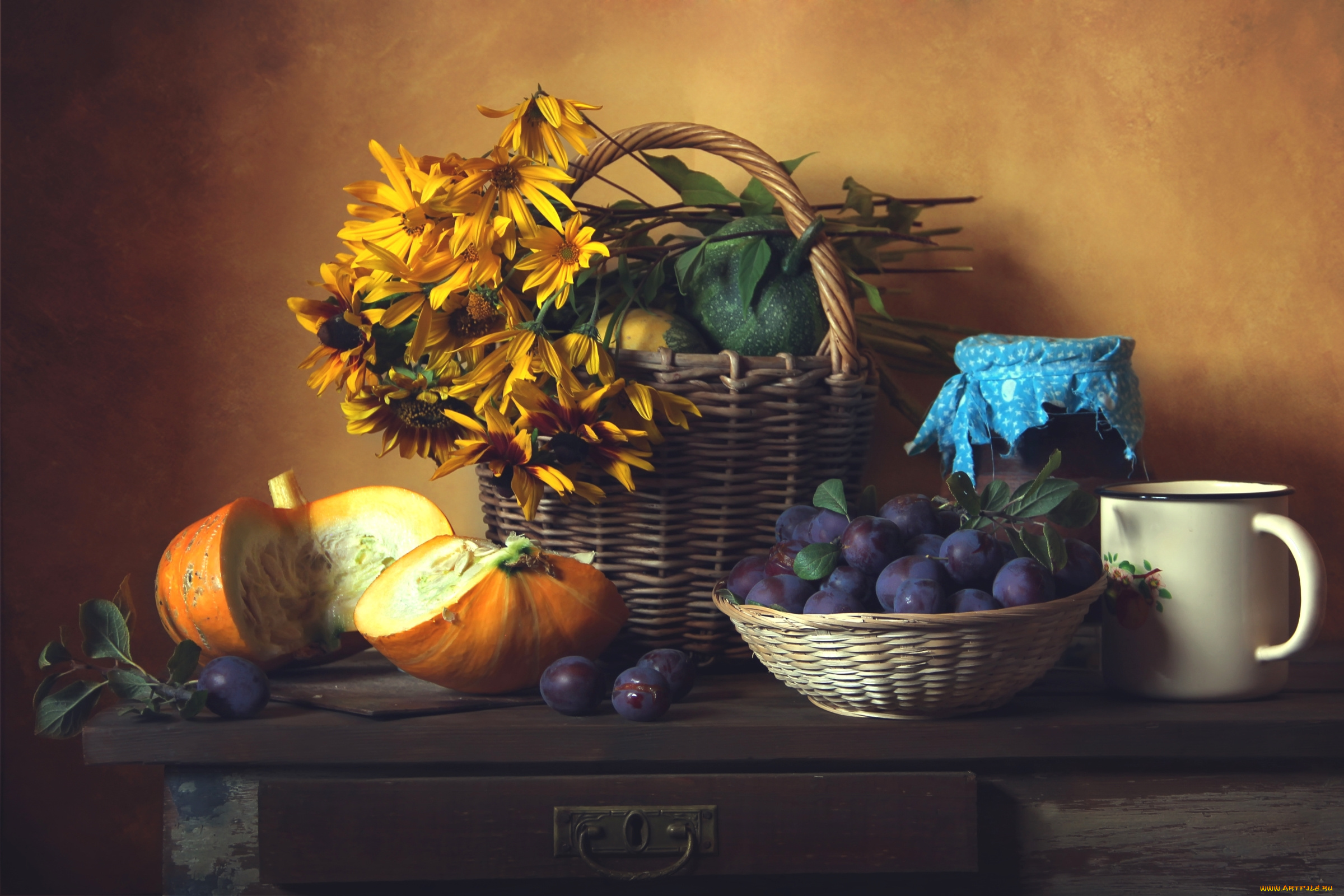 еда, натюрморт, яблоки, тыква, сливы, рудбекия