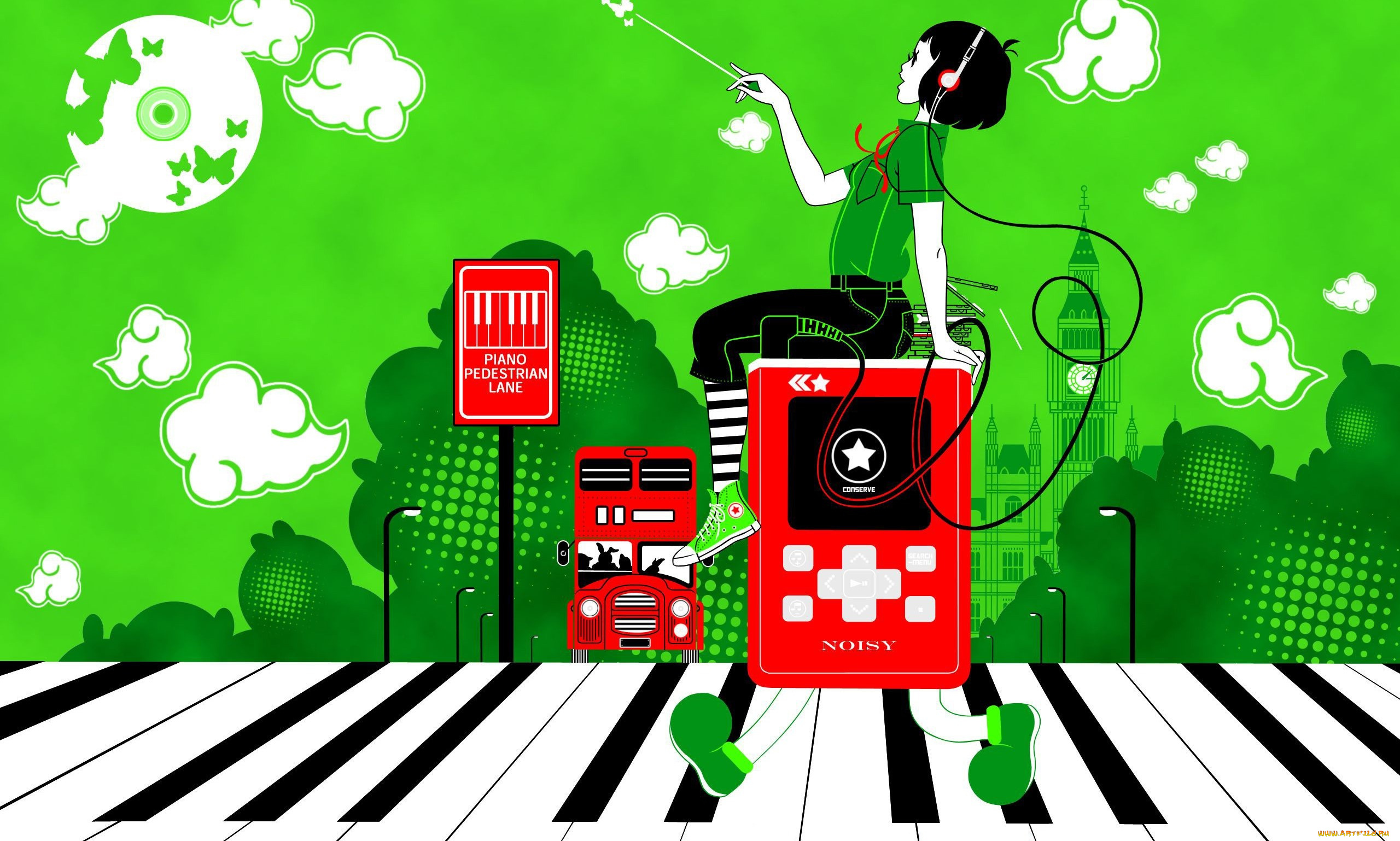 векторная, графика, девушки, облака, девушка, бабочки