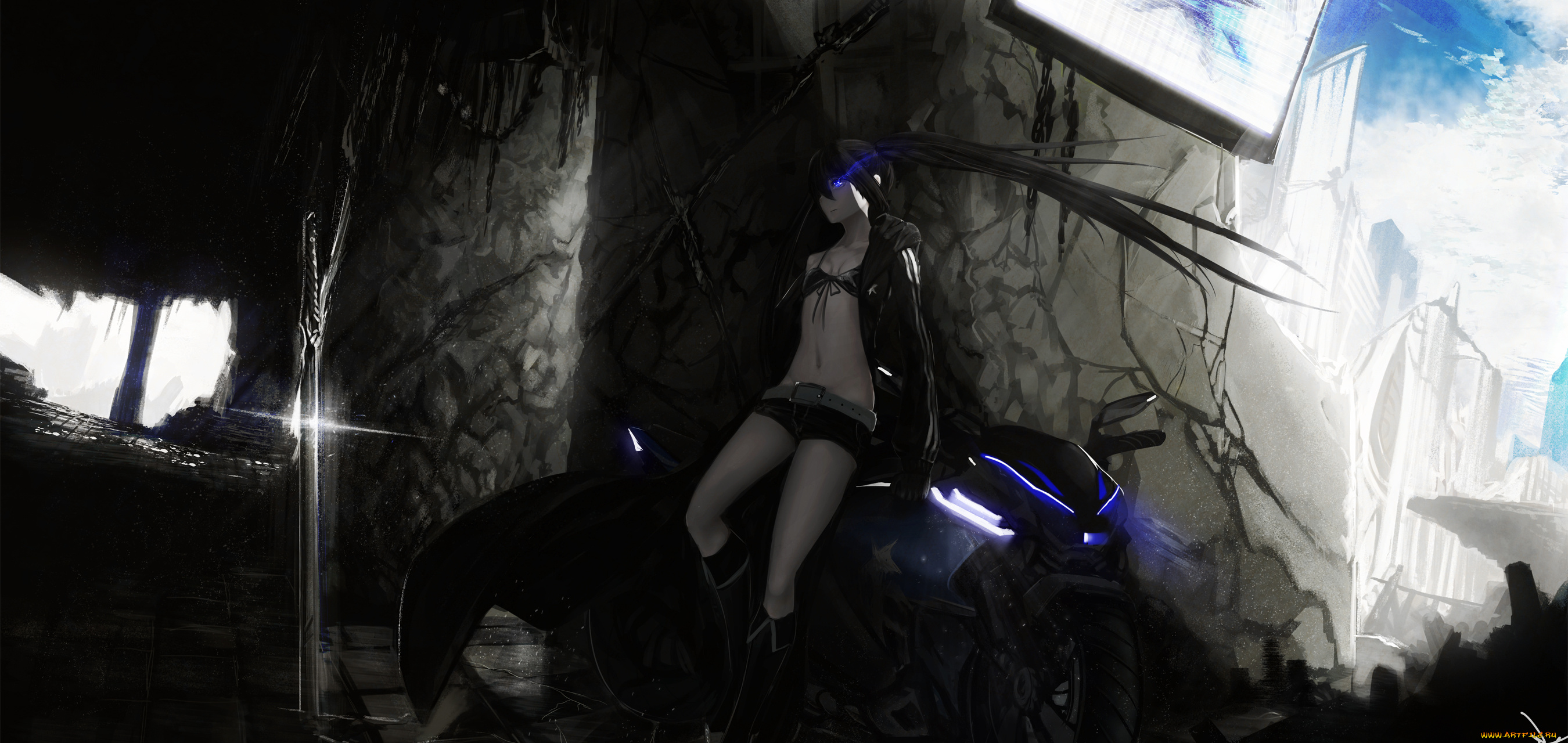 by, ex-trident, аниме, black, rock, shooter, мотоцикл, меч, небо, облака, девушка, город, руины, здания, плащ