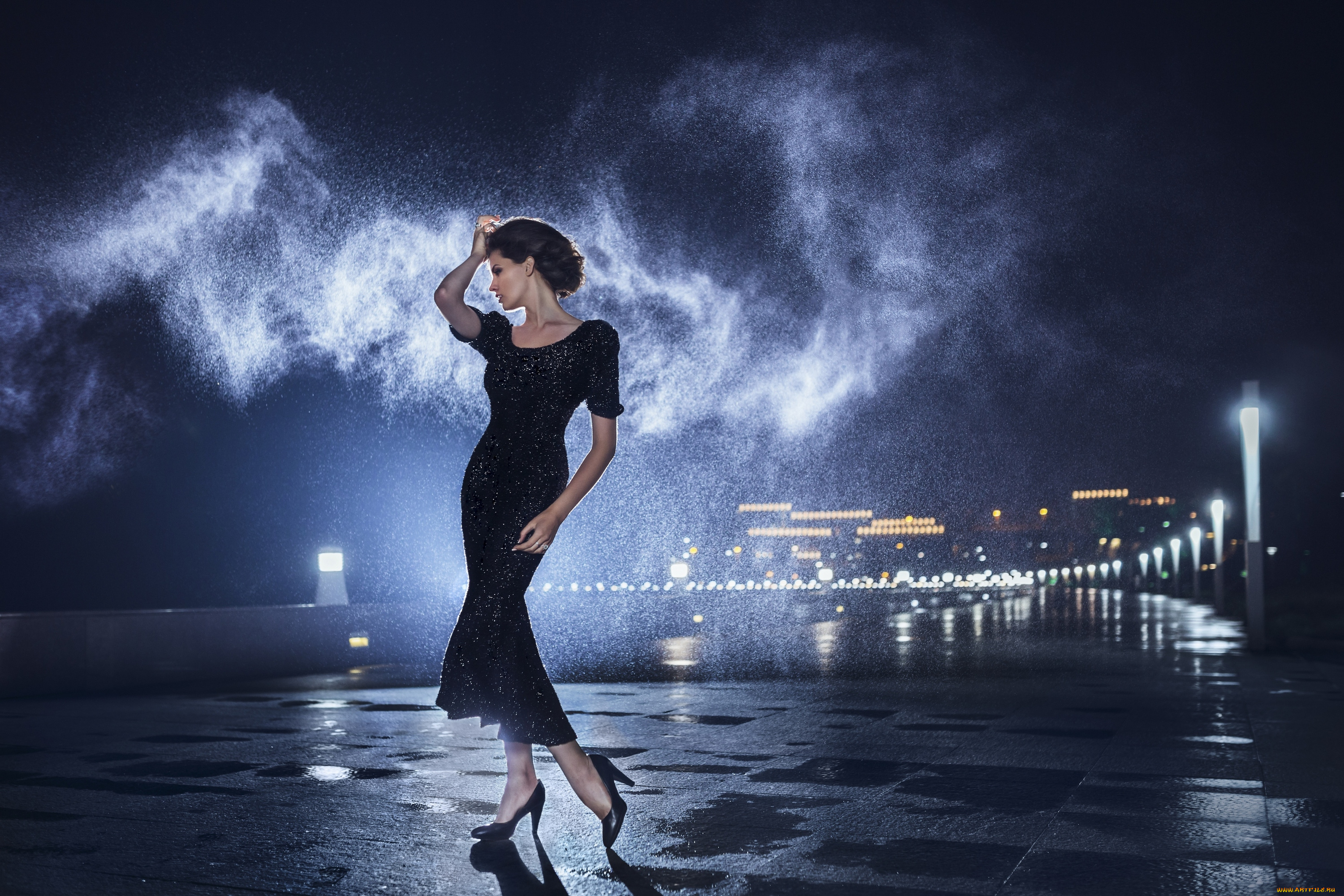 девушки, -unsort, , брюнетки, , шатенки, дождь, девушка, шатенка, город, ночные, огни