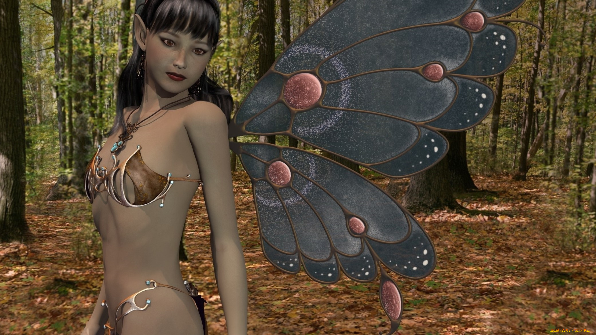 3д, графика, эльфы, , elves, лес, фон, взгляд, эльфийка