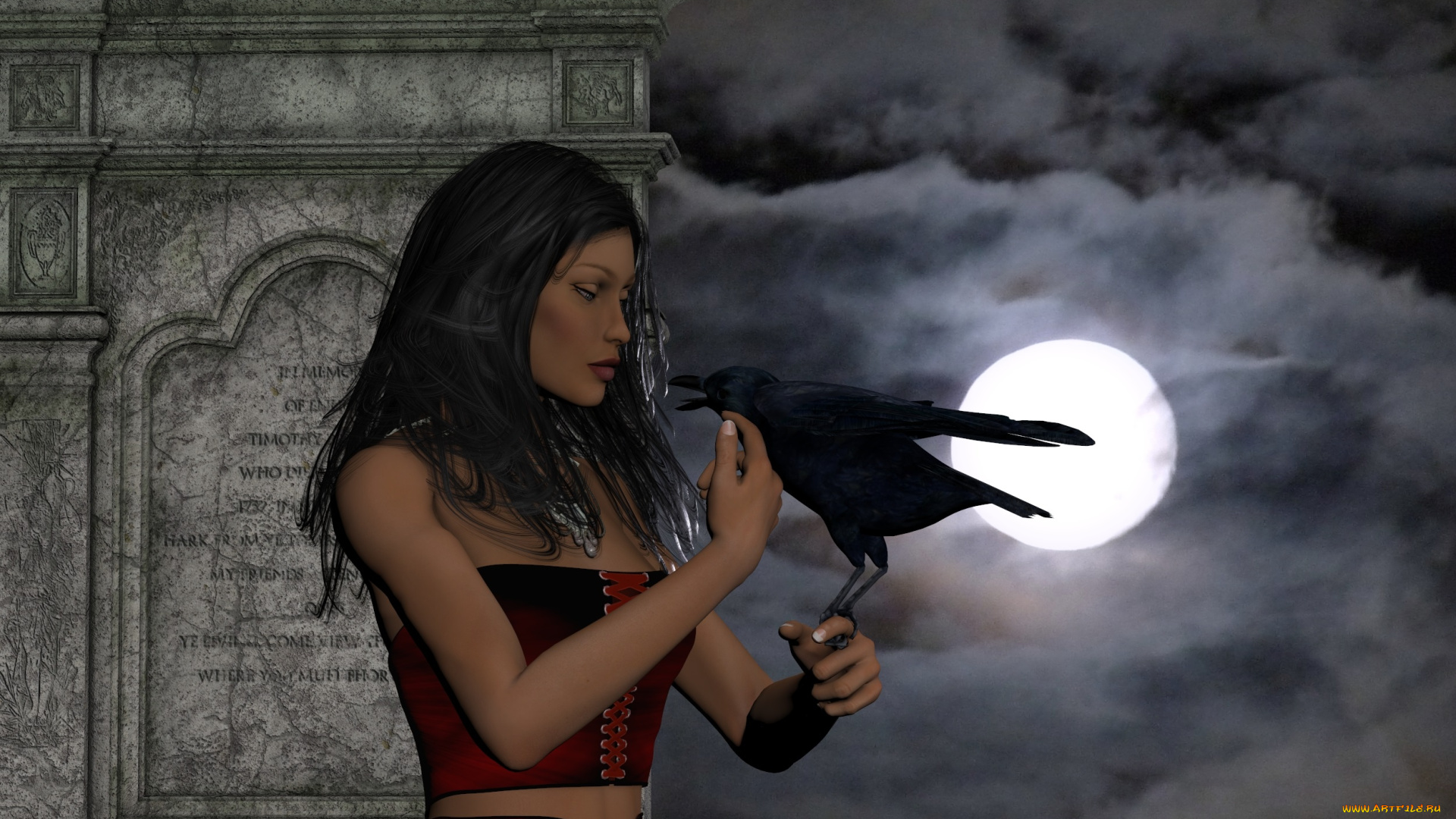 3д, графика, люди, , people, ворон, фон, взгляд, девушка, луна