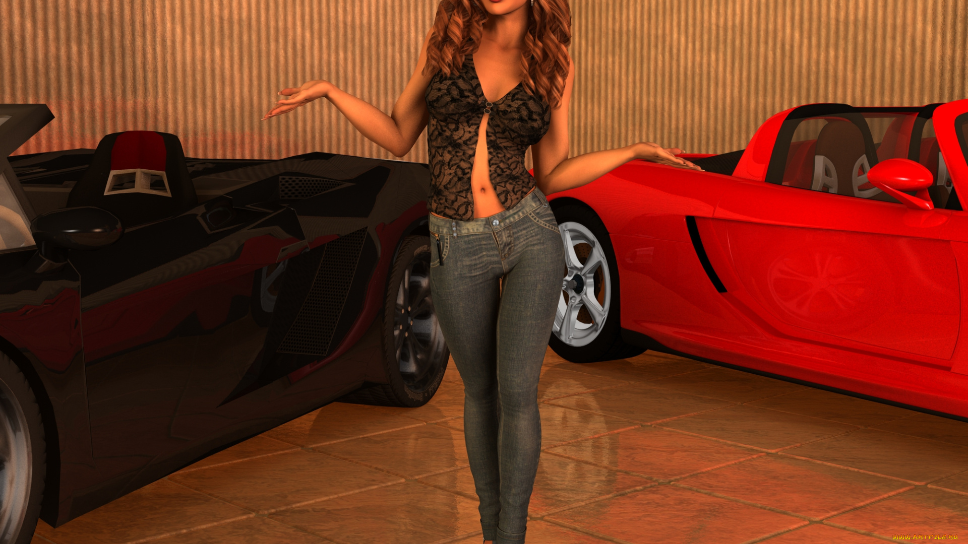 автомобили, 3d, car&girl, девушка, взгляд, фон, автомобиль