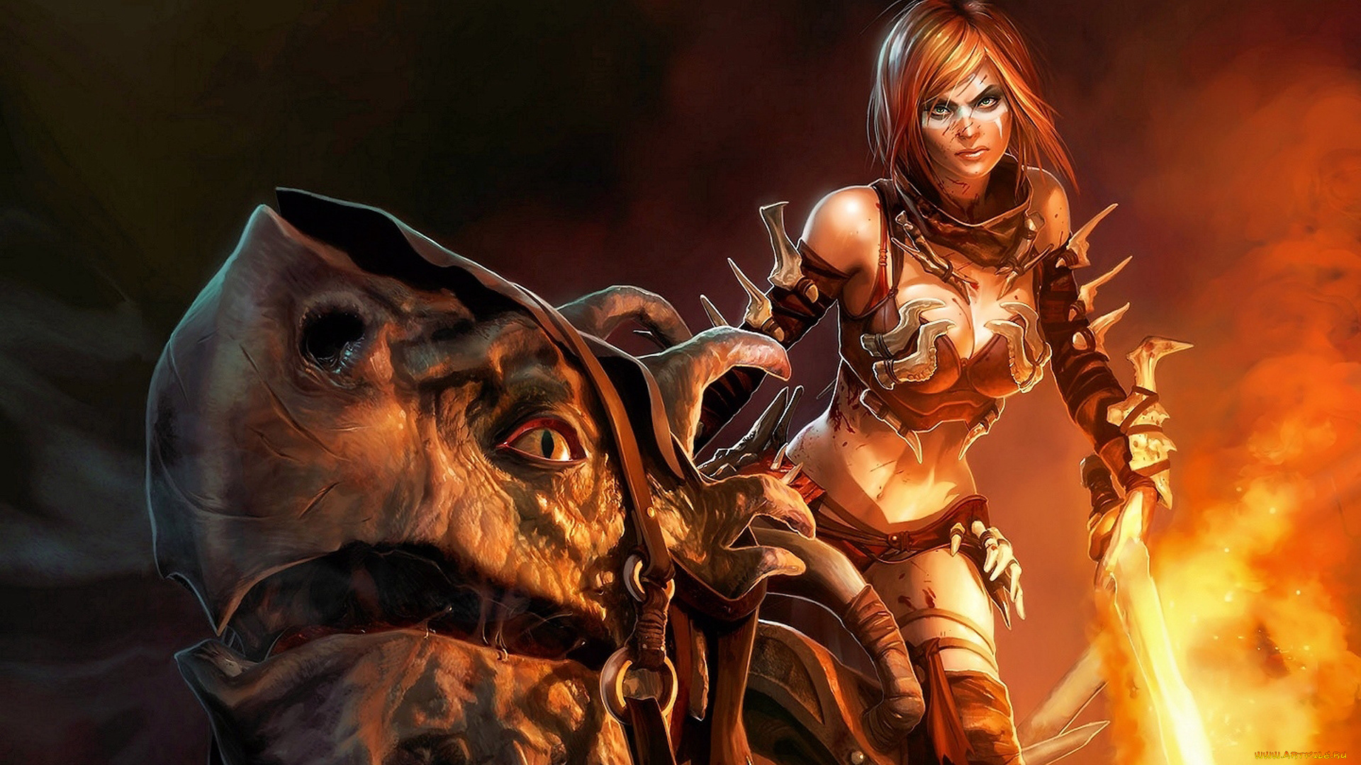 фэнтези, красавицы, и, чудовища, тайрис, флэр, рыжая, амазонка, верхом, tyris, flare, девушка, воительница, beast, rider, golden, axe, мифическое, животное, кости, огненный, меч