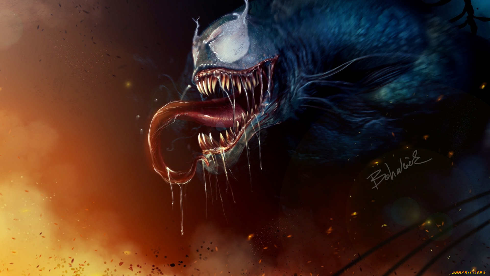 фэнтези, существа, eddie, brock, venom, spider-man, паутина, огонь, арт, art, веном