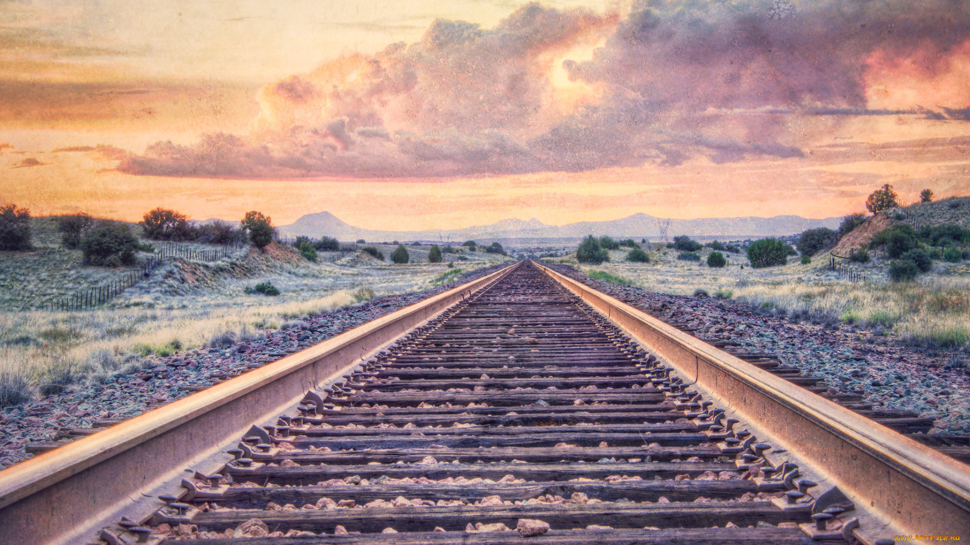 разное, транспортные, средства, и, магистрали, рельсы, закат