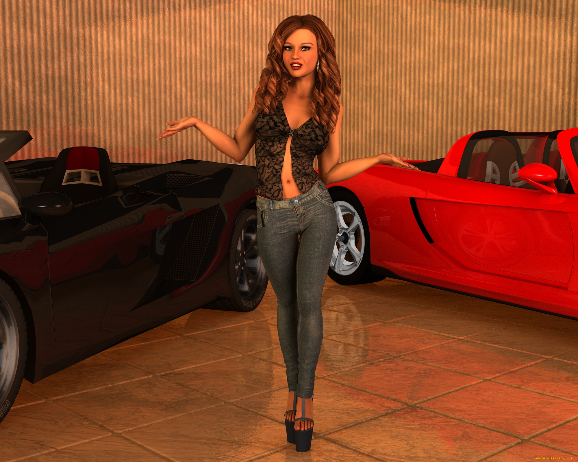 автомобили, 3d, car&girl, девушка, взгляд, фон, автомобиль