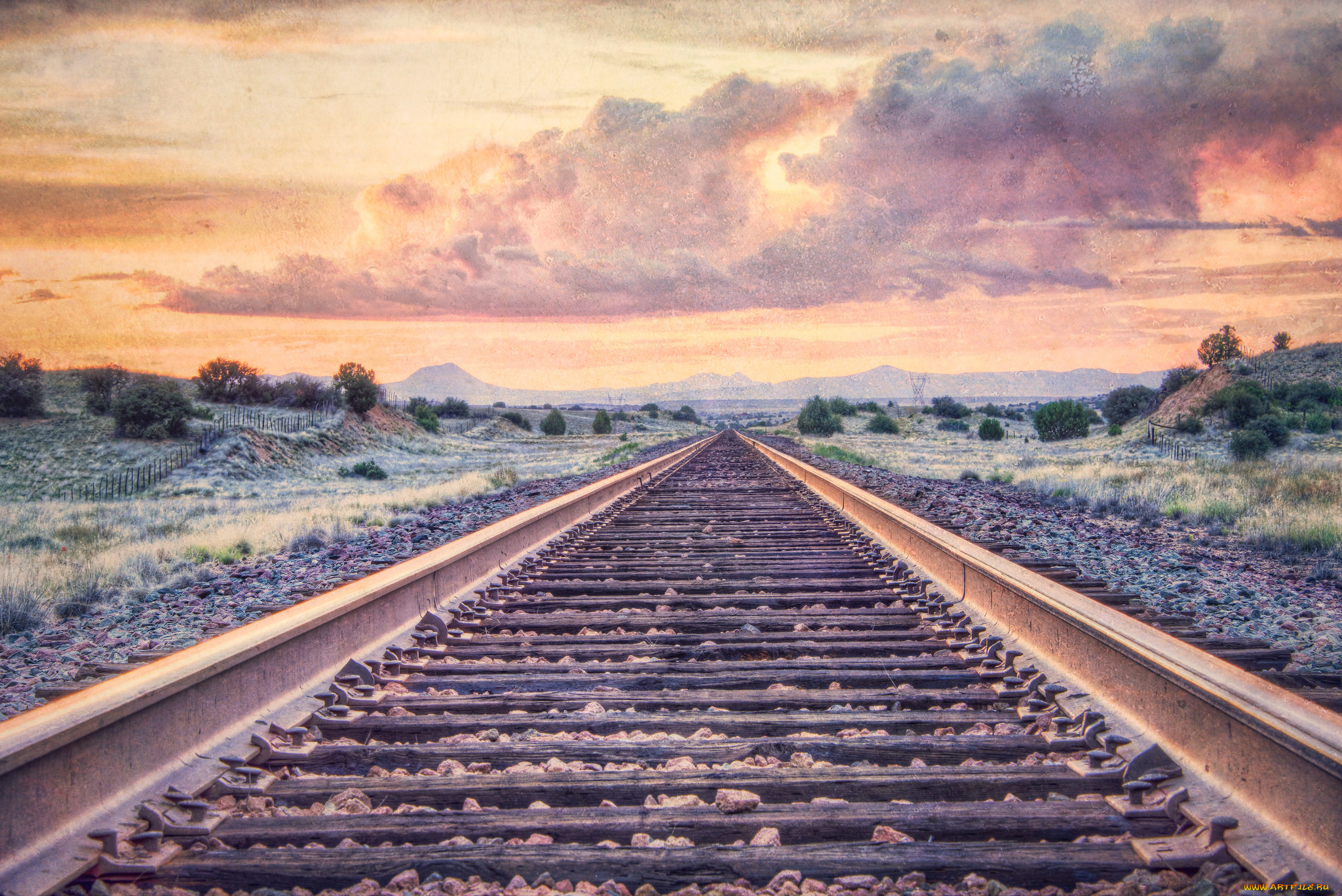 разное, транспортные, средства, и, магистрали, рельсы, закат