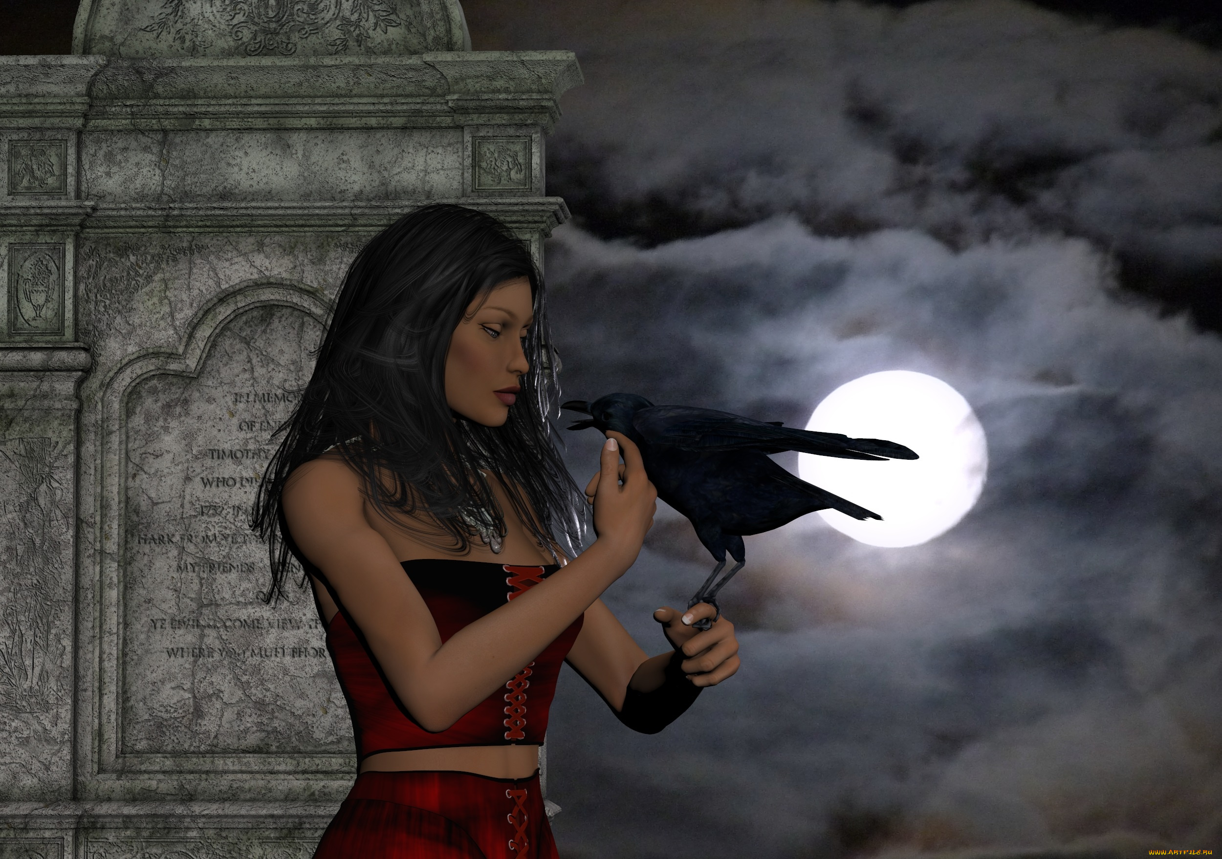 3д, графика, люди, , people, ворон, фон, взгляд, девушка, луна