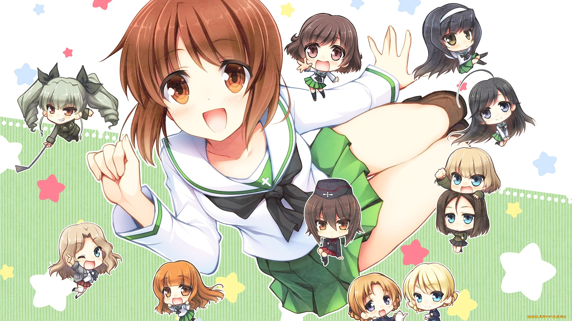 аниме, girls, und, panzer, девушки, фон, взгляд