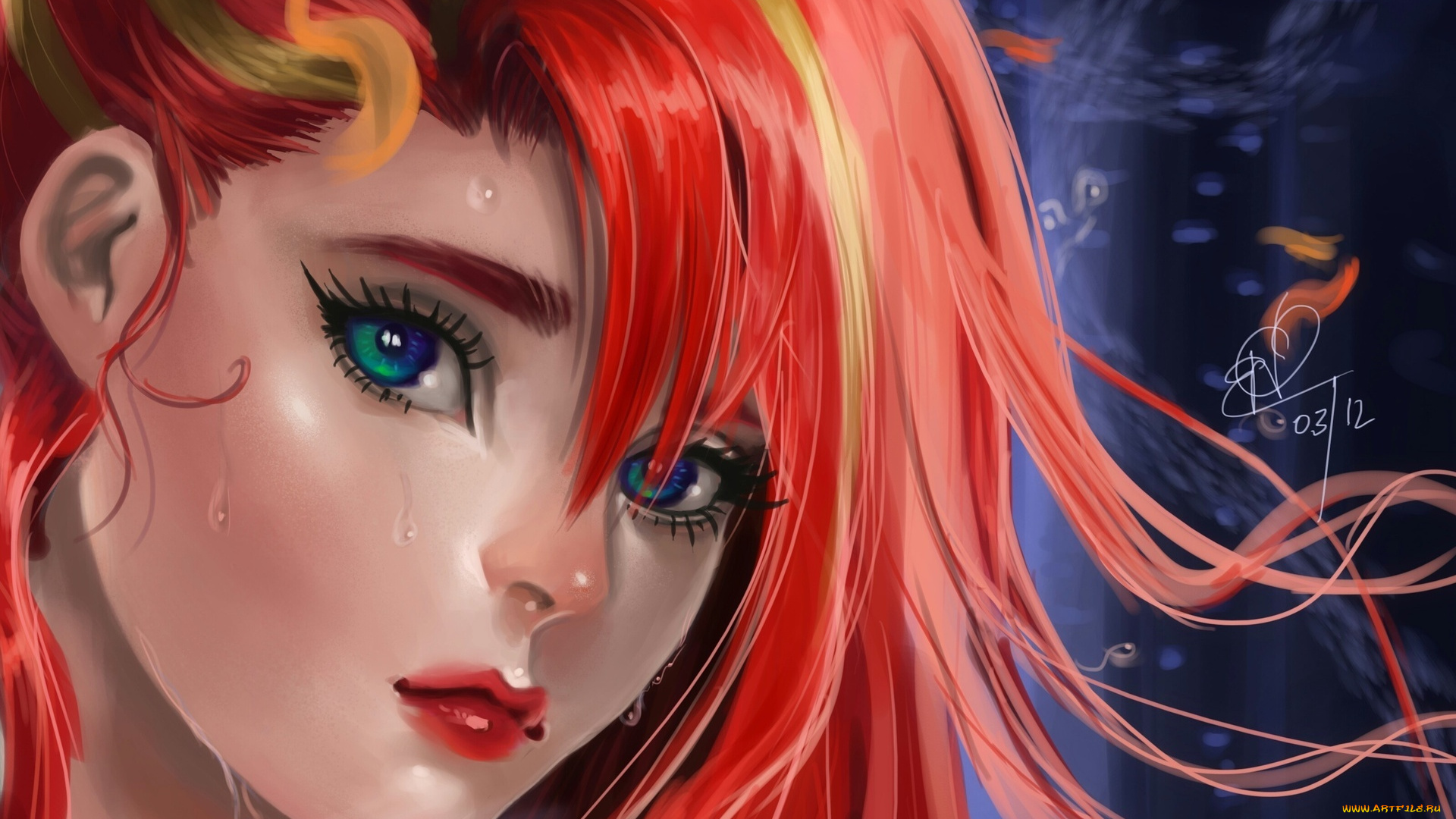 фэнтези, девушки, рыжая, лицо, взгляд, капли, реницы, портрет, art, sakimichan
