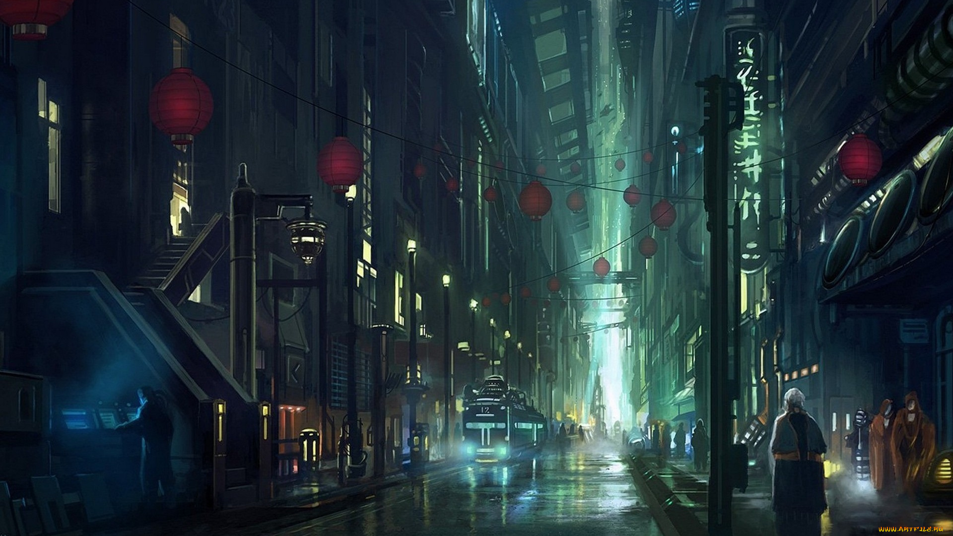 фэнтези, иные, миры, , иные, времена, ночь, свет, улица, небоскребы, люди, мегаполис, фонари, лестница