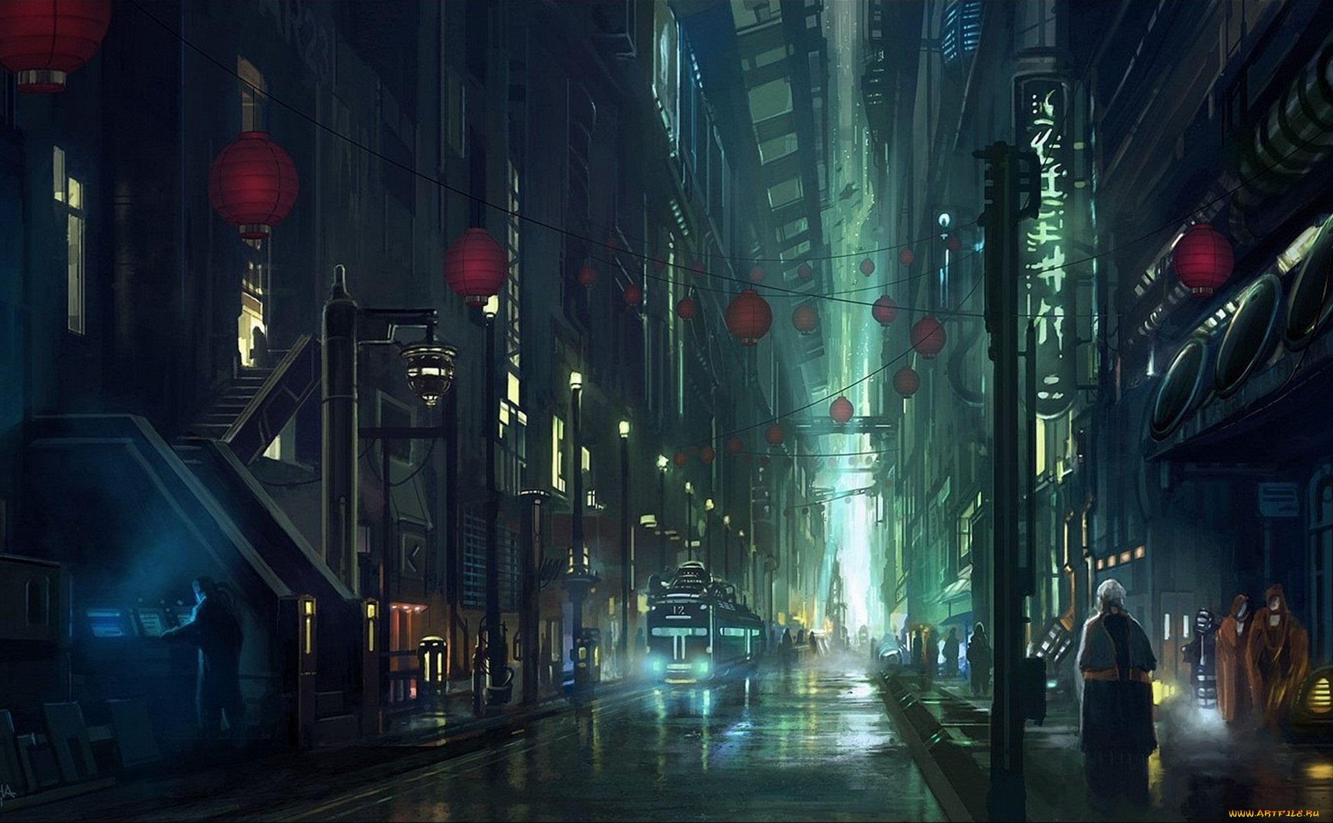 фэнтези, иные, миры, , иные, времена, ночь, свет, улица, небоскребы, люди, мегаполис, фонари, лестница