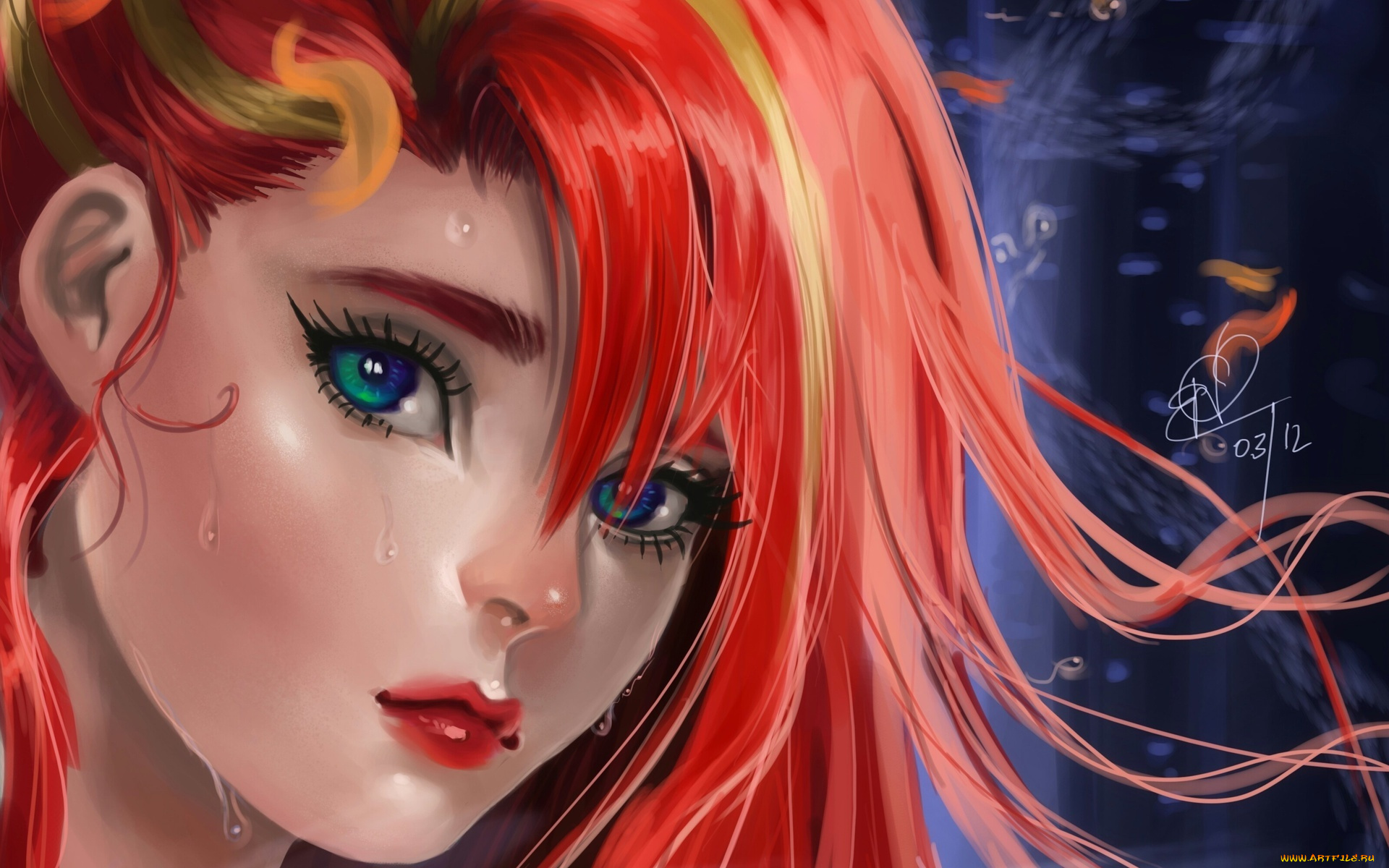 фэнтези, девушки, рыжая, лицо, взгляд, капли, реницы, портрет, art, sakimichan